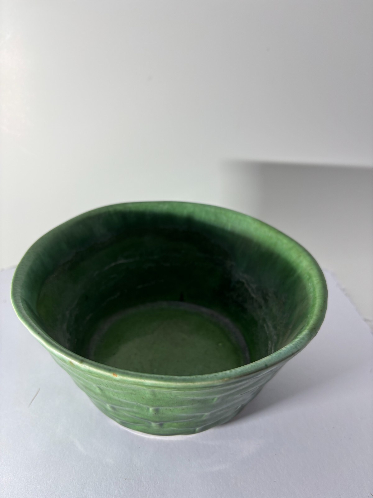 Vintage Green Glazed Pottery Bowl – Basketweave Texture, USA Marked JP22