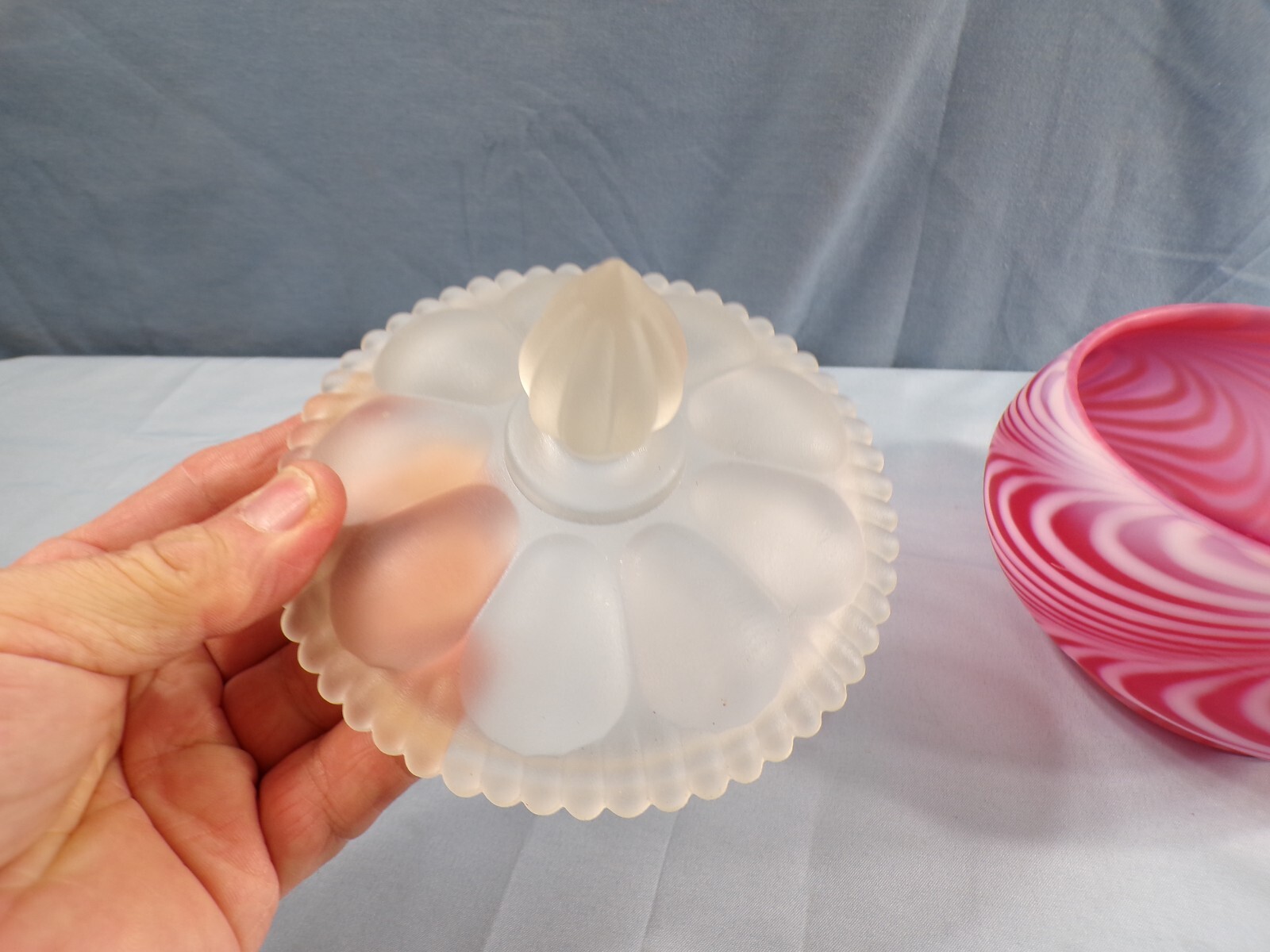 Fenton Cranberry Satin Glass Swirled Feather Candy Jar (Not Smaller Puff Box)