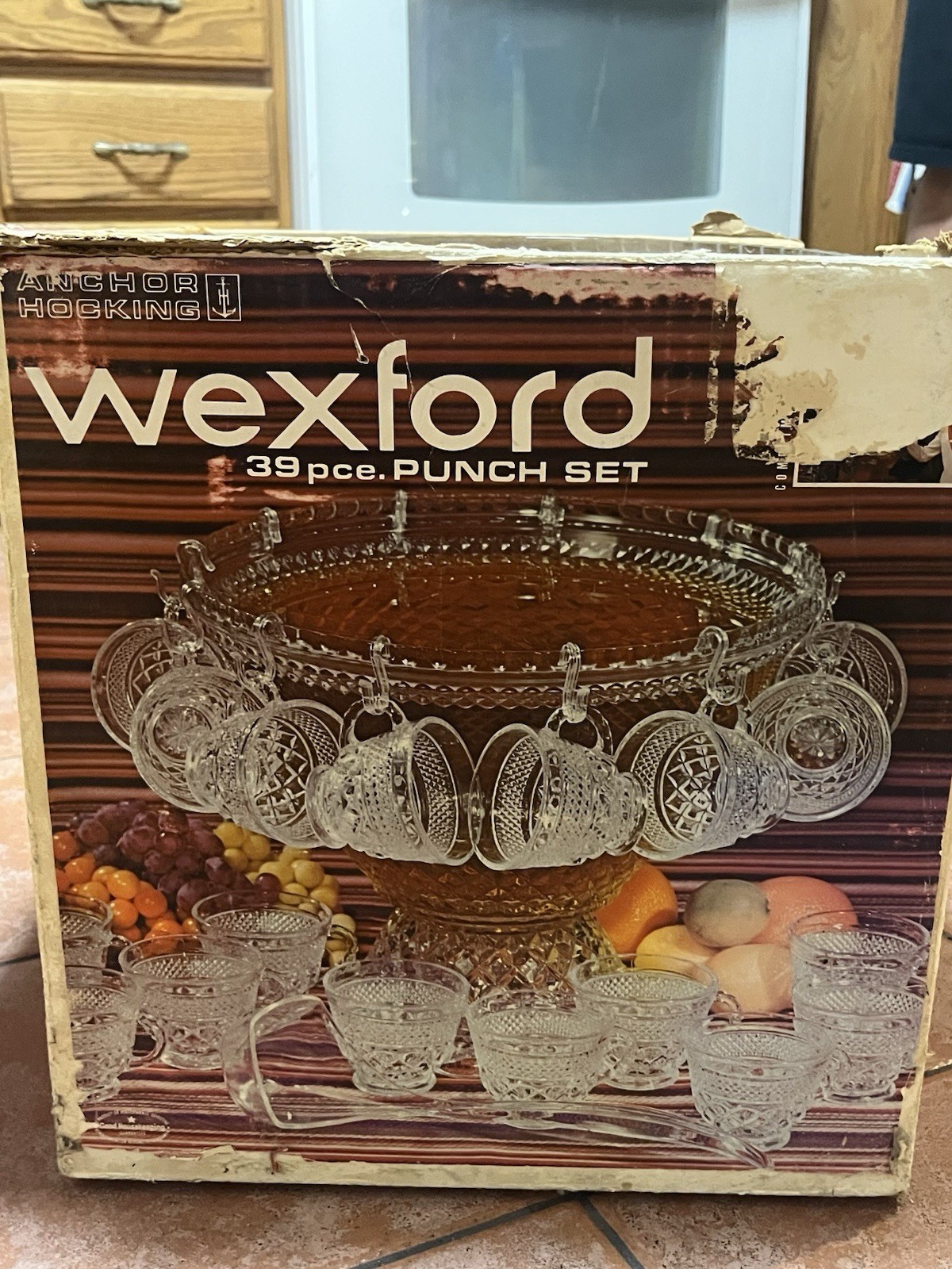Vintage Wexford Punch Bowl Set With 18 Cups, Clips, Ladle. Missing Base.
