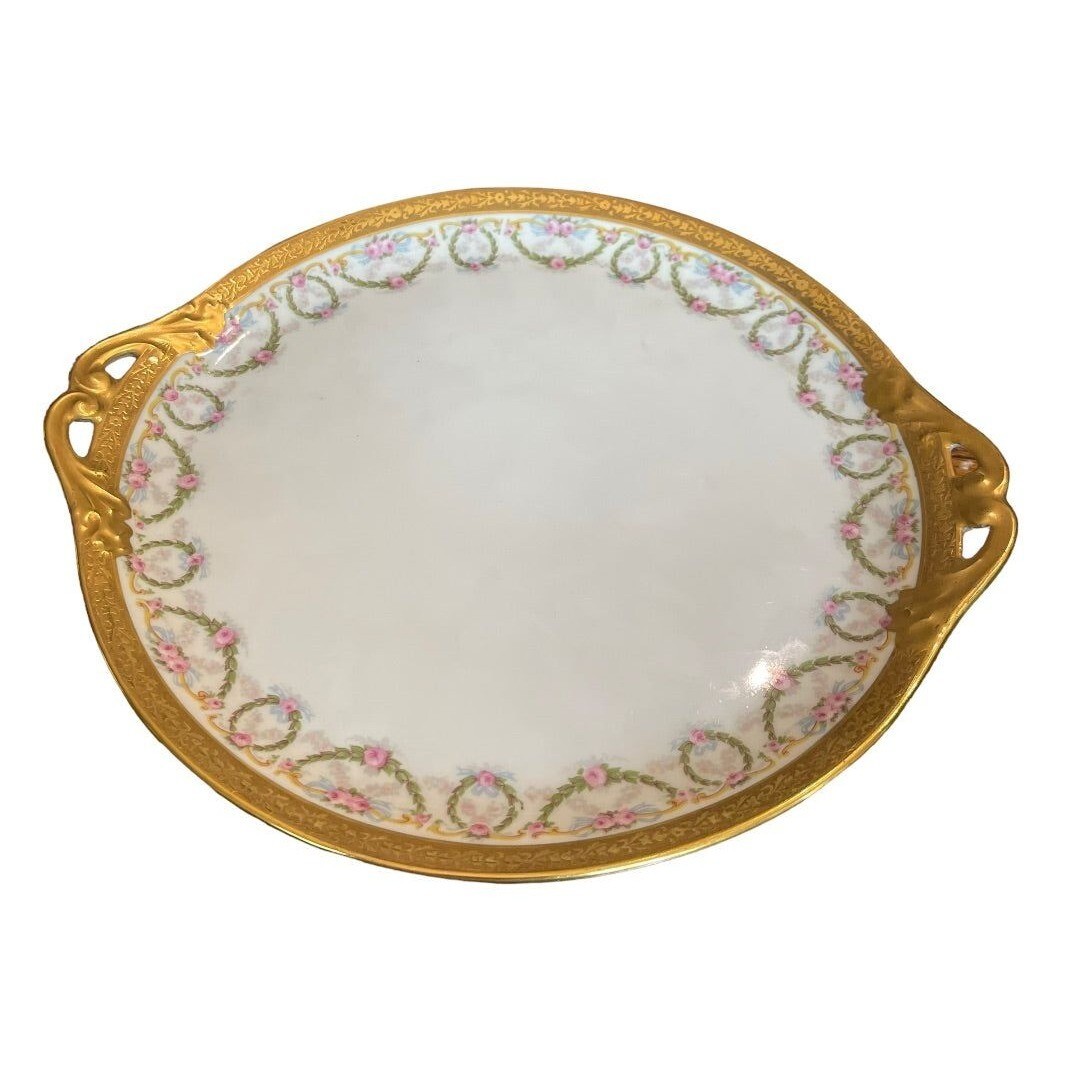 Redon Handled Cake Plate Rose Garland Wreath Pattern Vintage 11″ Gold Verge