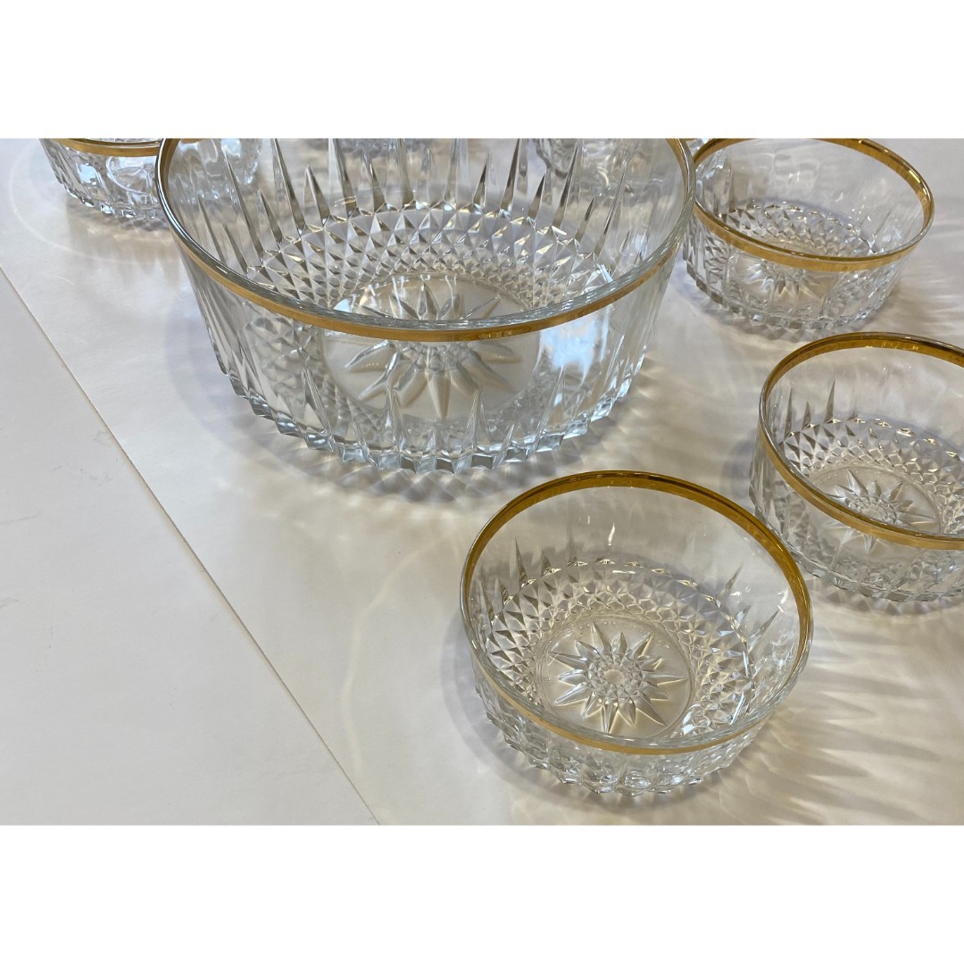 Vintage Arcoroc Large Crystal Starburst Serving Bowl + 6 Salad Bowls Gold Rim