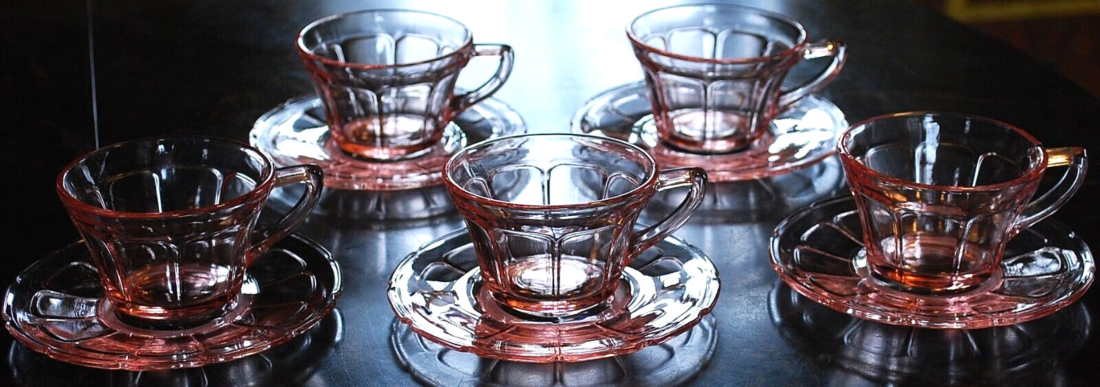 Vtg Set 5 ‘VICTORY’ PINK DEPRESSION GLASS Cups/Matching Saucers c1930 By Diamond