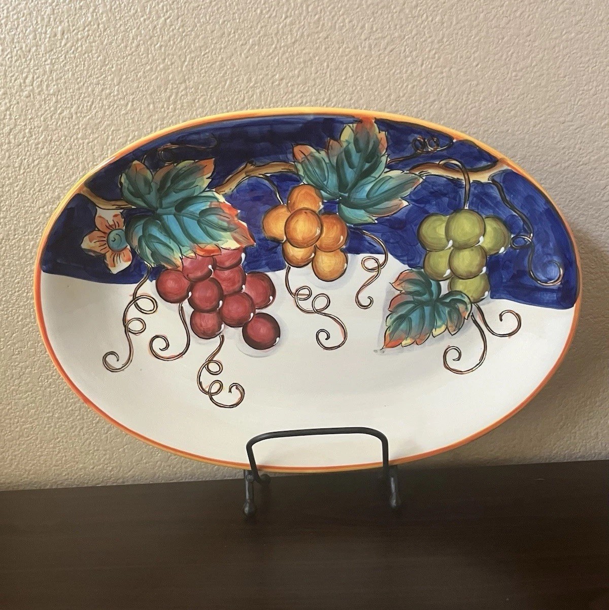 Oval Ceramic Tuscan Grapes Platter Serving Tray 14.5” Glossy Glaze
