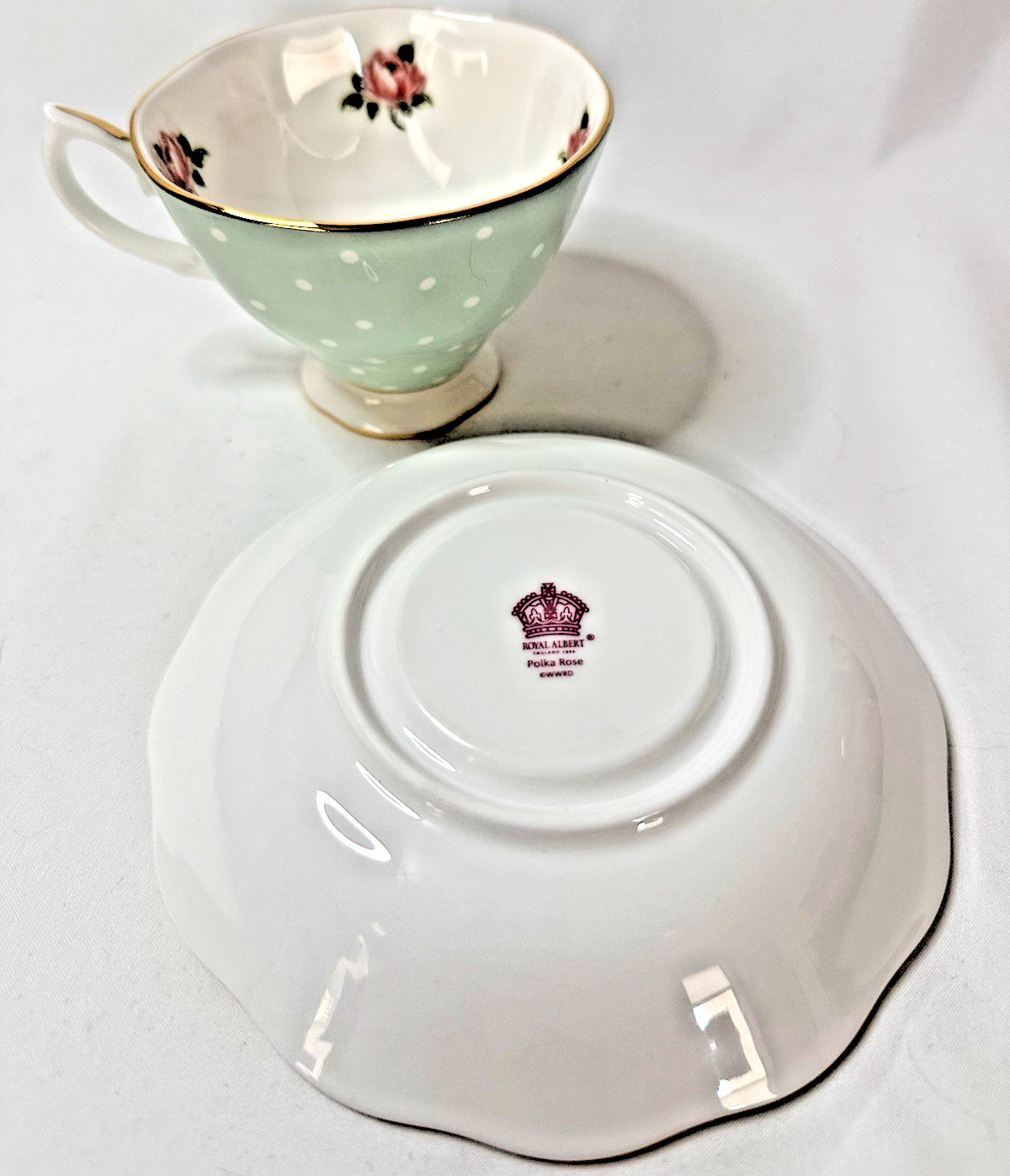 Royal Albert Polka Rose Mint Green Teacup & Saucer Bone China England