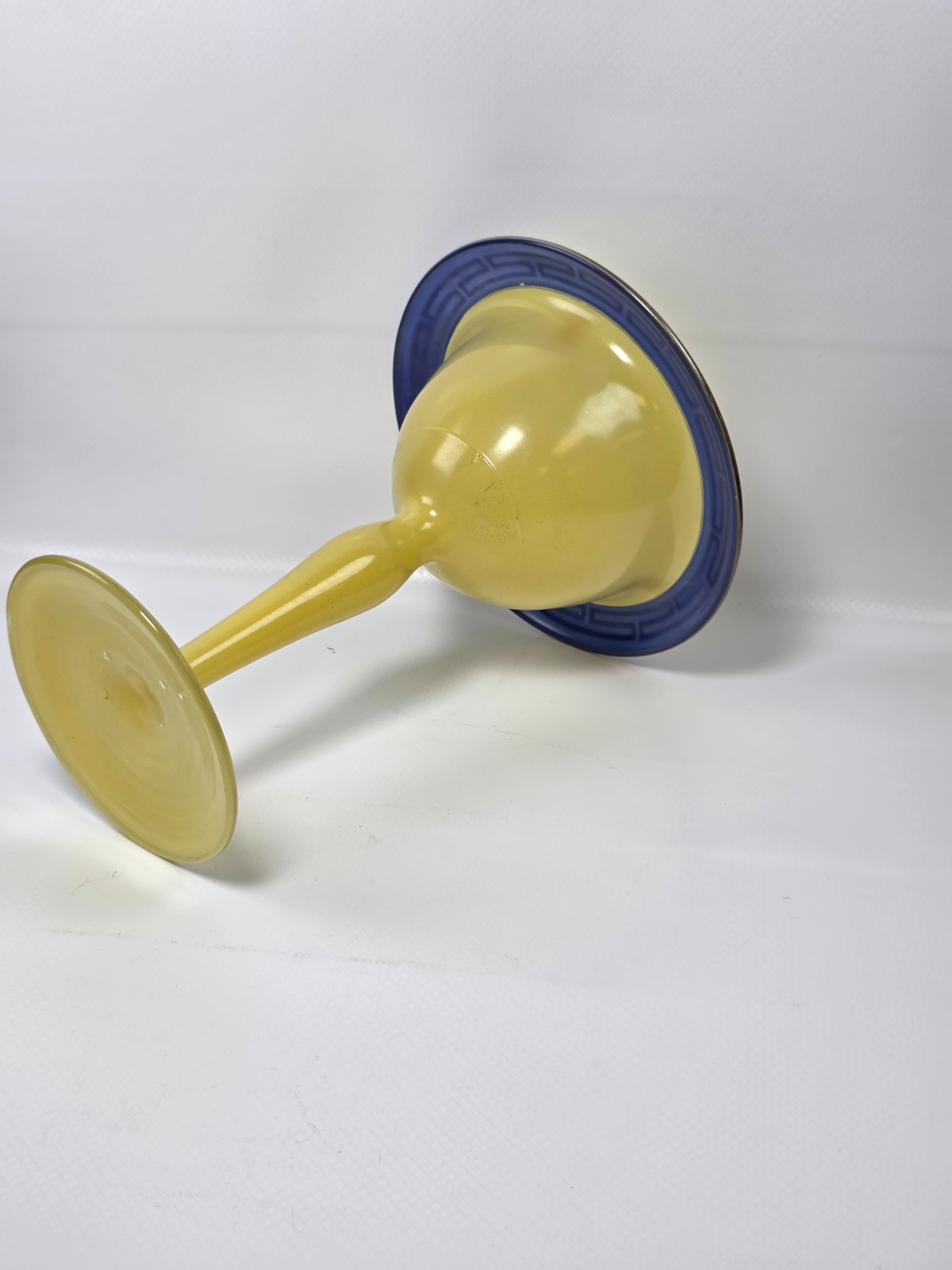 Antique Art Deco Glass Compote Bowl Yellow Cobalt Blue Greek Key Tazza Moser