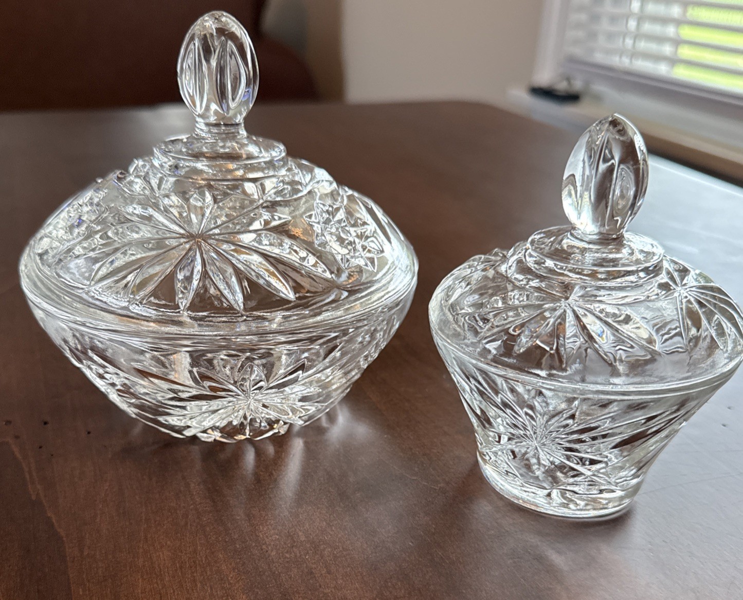 Crystal Creamer and Sugar Bowl Set & 2 small candy dishes with lids