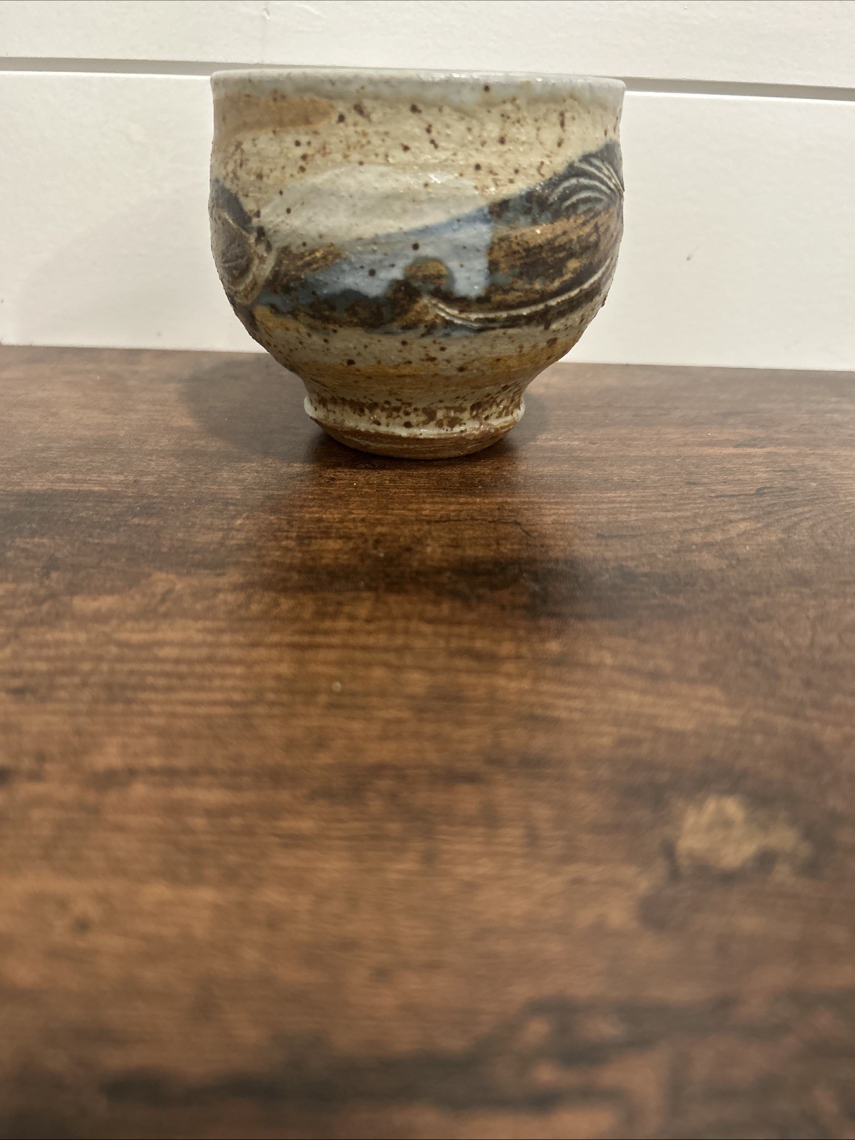 Pottery Tea Tea Bowl/Cup Signed Etched Abstract Blue, Gray, Brown, Tan