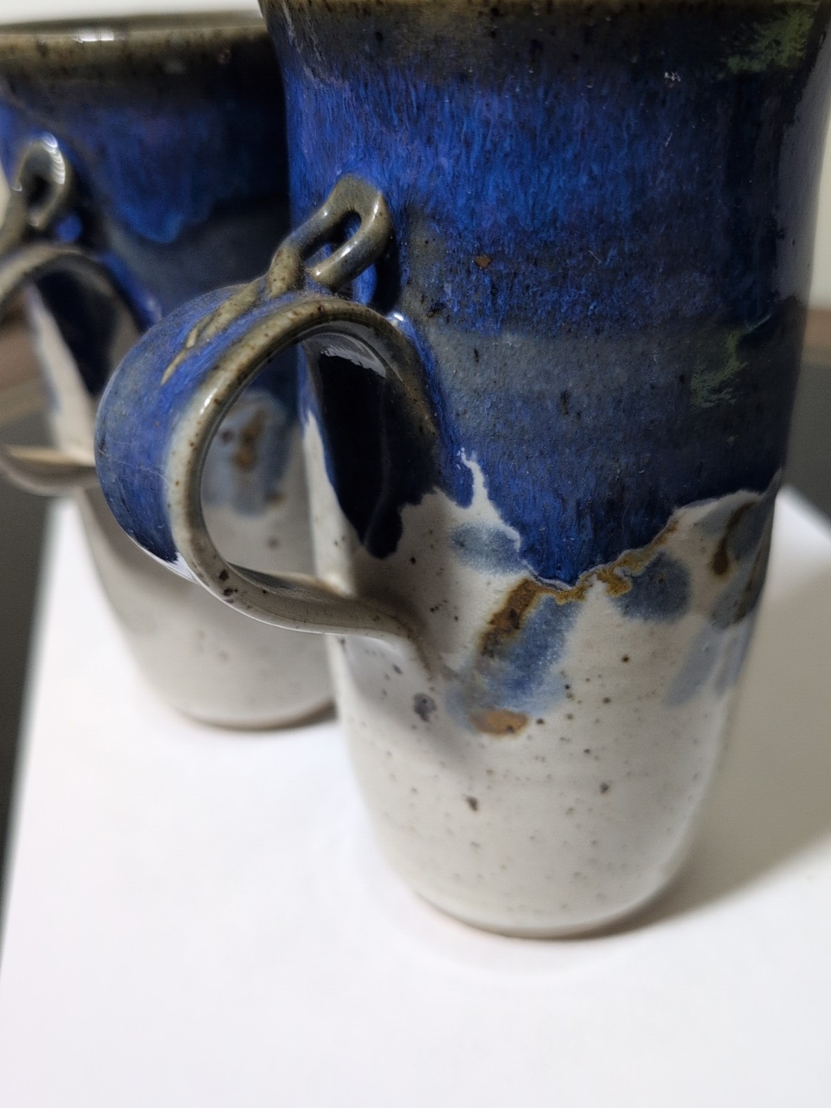 Studio Art Pottery Mugs Blue,Tan, Gray, Signed 1986 Glazed! Lot Of 2
