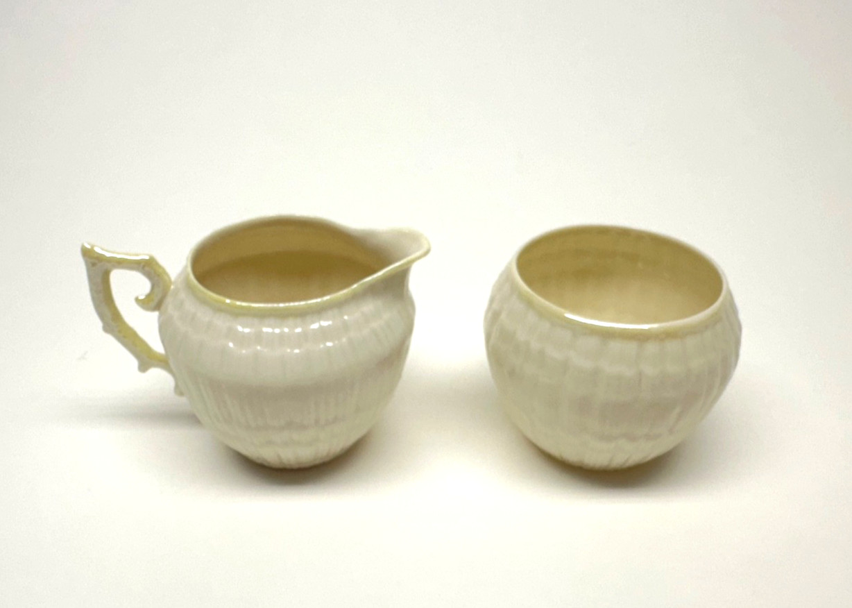 STUNNING VINTAGE BELLEEK LIMPET CREAMER & OPEN SUGAR BOWL – GREEN MARK New other