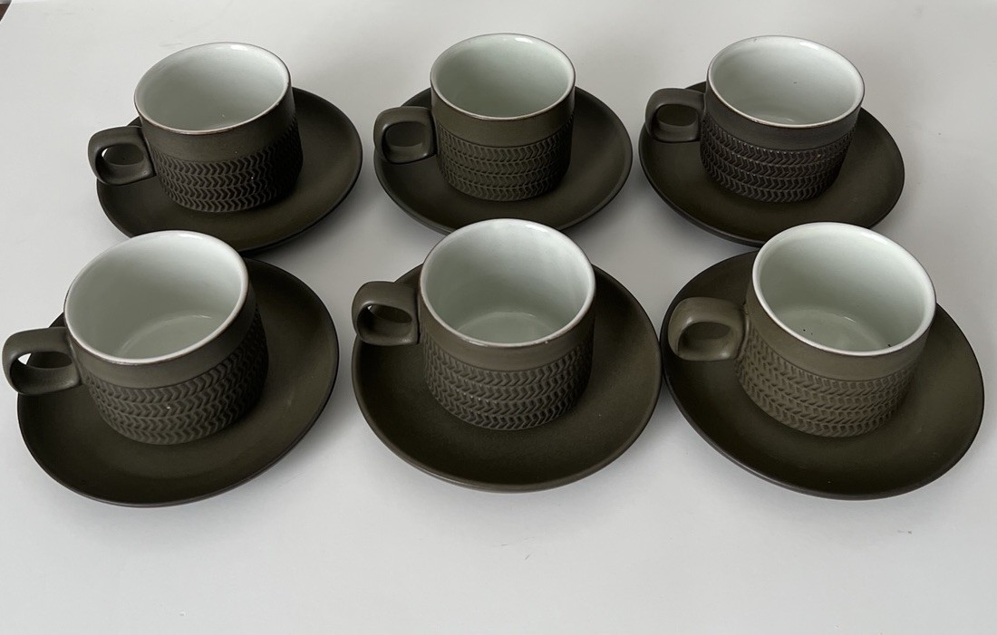 Denby Langley Camelot Stoneware Chevron Dark Olive Green Cup & Saucers Set Of 6
