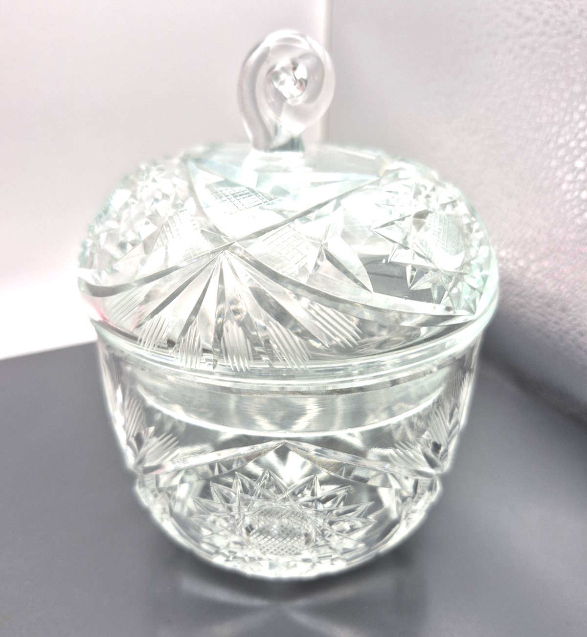 Vintage Clear Cut Lidded Candy Dish Starburst Pattern 6″ Tall EUC