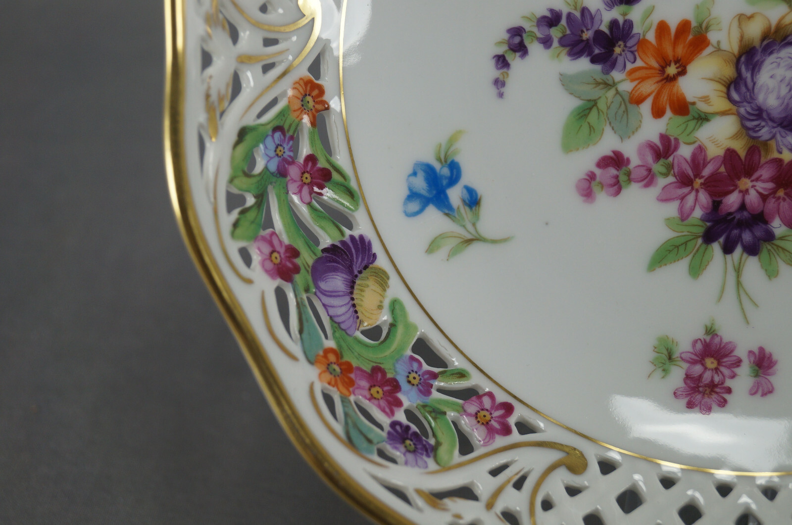 Carl Schumann Dresden Flowers & Gold Reticulated 8 1/8 Inch Bowl Circa 1932-1944