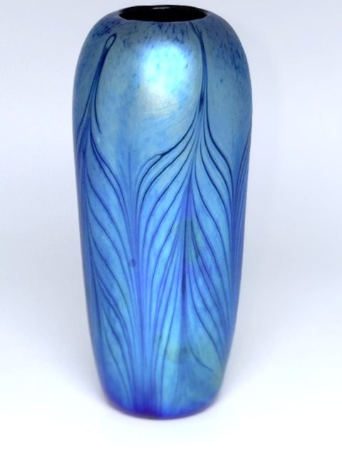 Blue Aurene Vase With Red Feather Design. Blown Glass