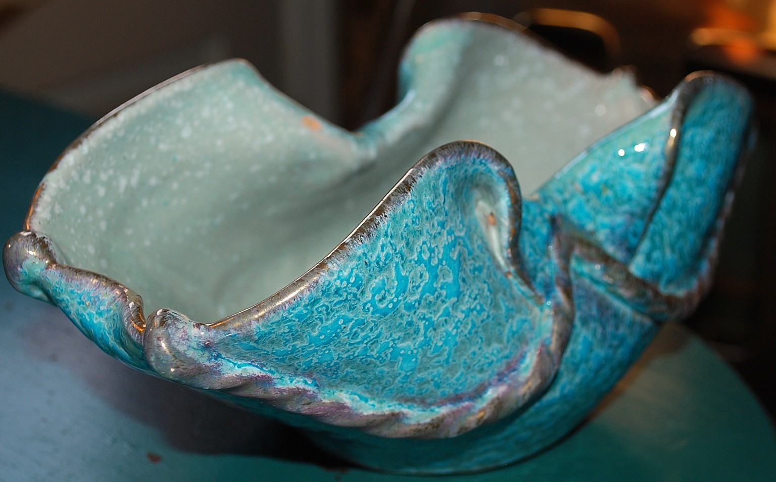 Vtg ITALY Handmade PINCHED STUDIO ART POTTERY Bowl BLUE DRIP GLAZE MCM Numbered