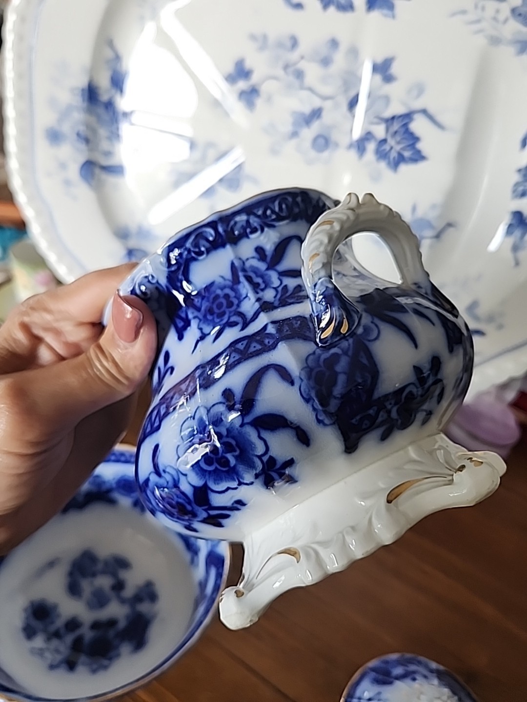 Rare Flow Blue Sugar Creamer And Bowl Trio Set Asian Motif Gold Band