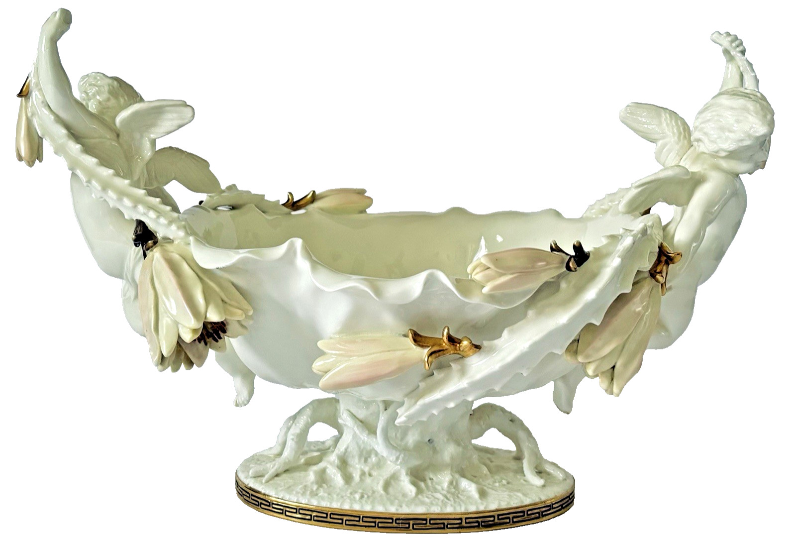 Antique Moore Bros. English Porcelain Cactus Flower Double Cherub Centerpiece