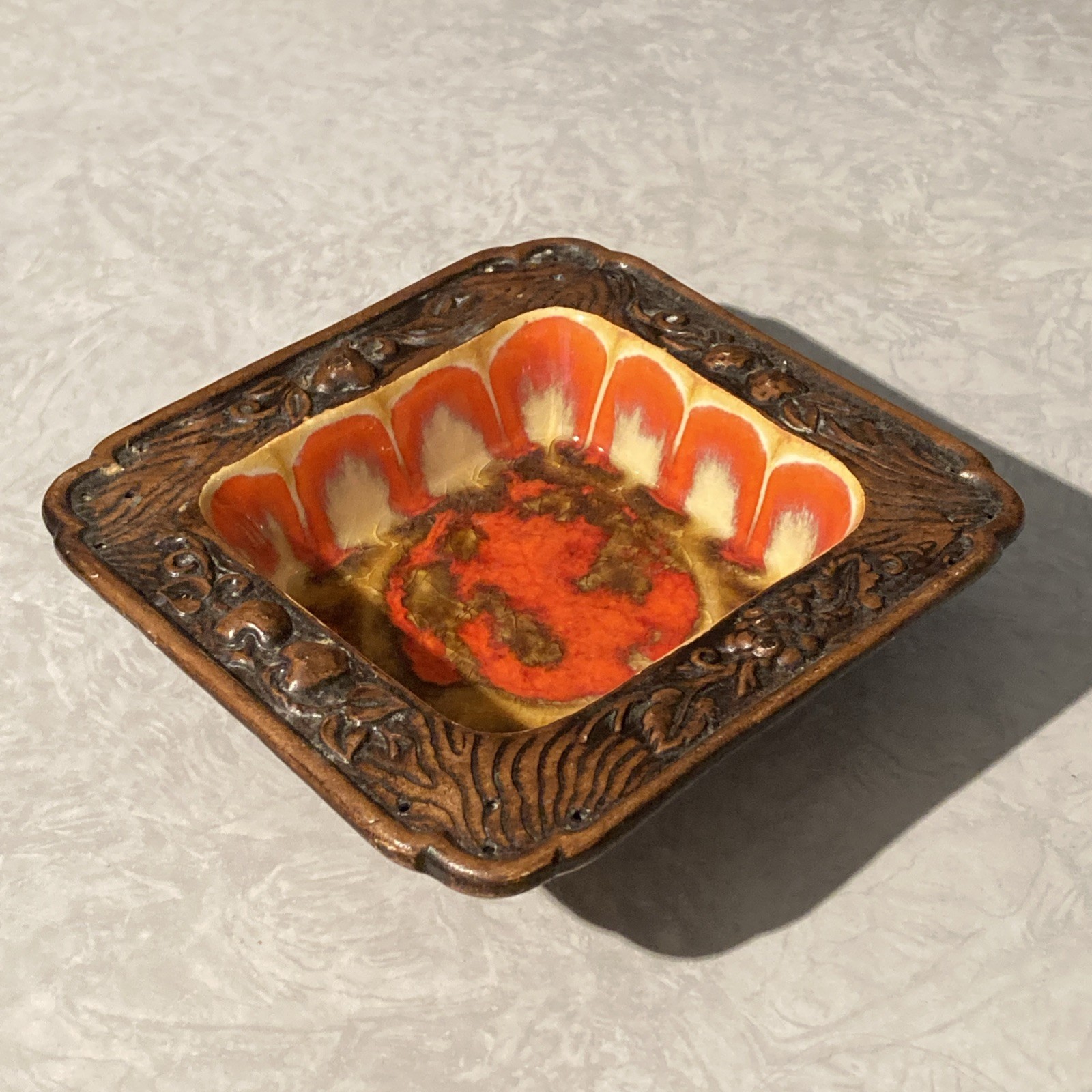 Vintage Treasure Craft Dish – Orange/ Gold/ Brown Drip with fruit edging