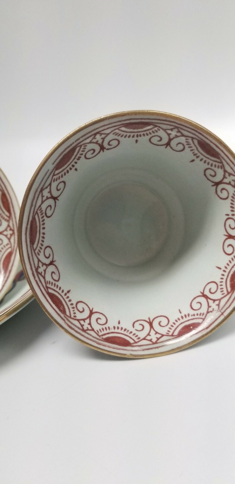 Calyx Ware hand painted 2 teacup saucer set gold light green rust blue England