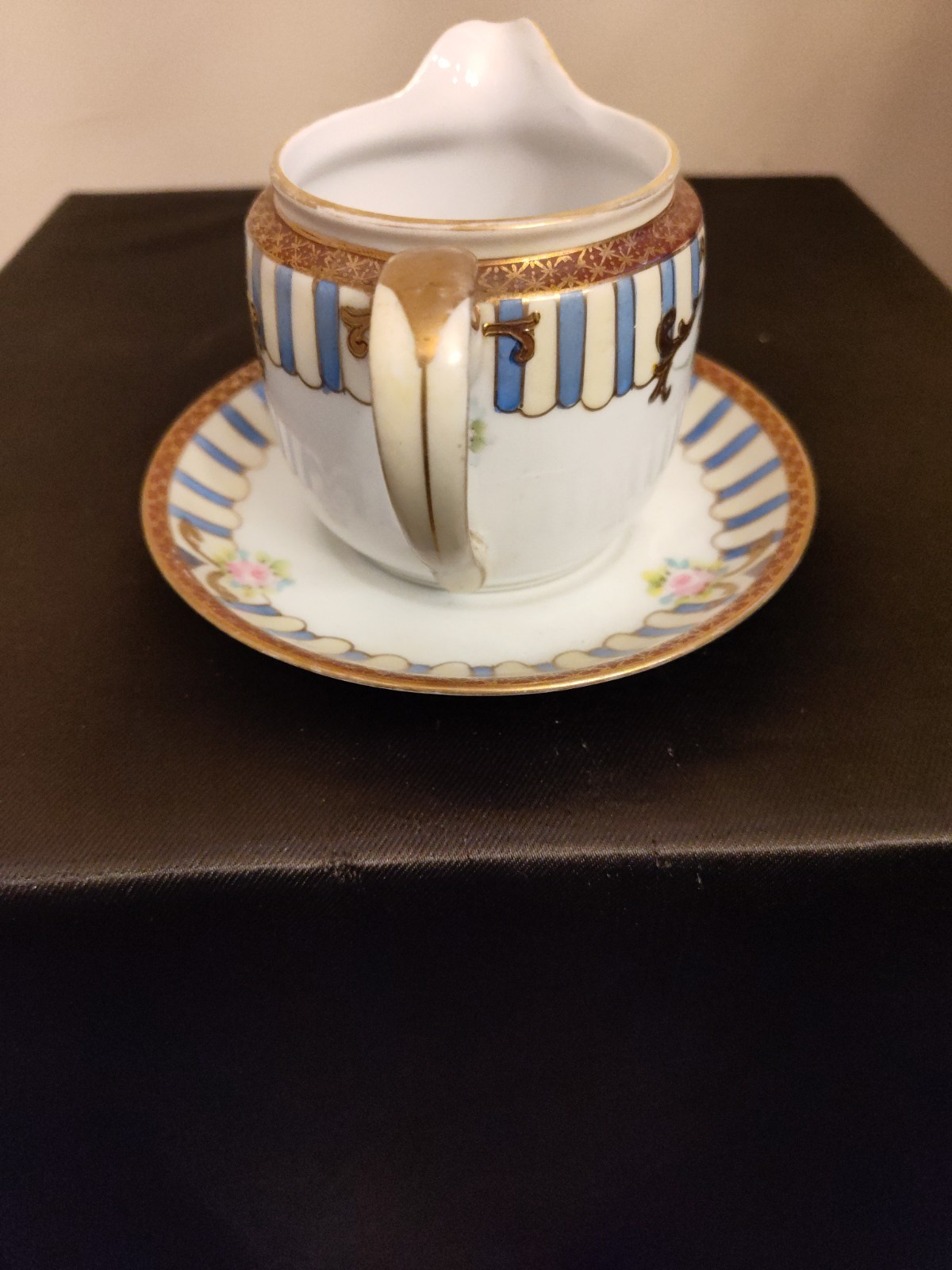 Nippon Porcelain Hand Painted Creamer And Saucer W/ Rose Design, Gold Trim