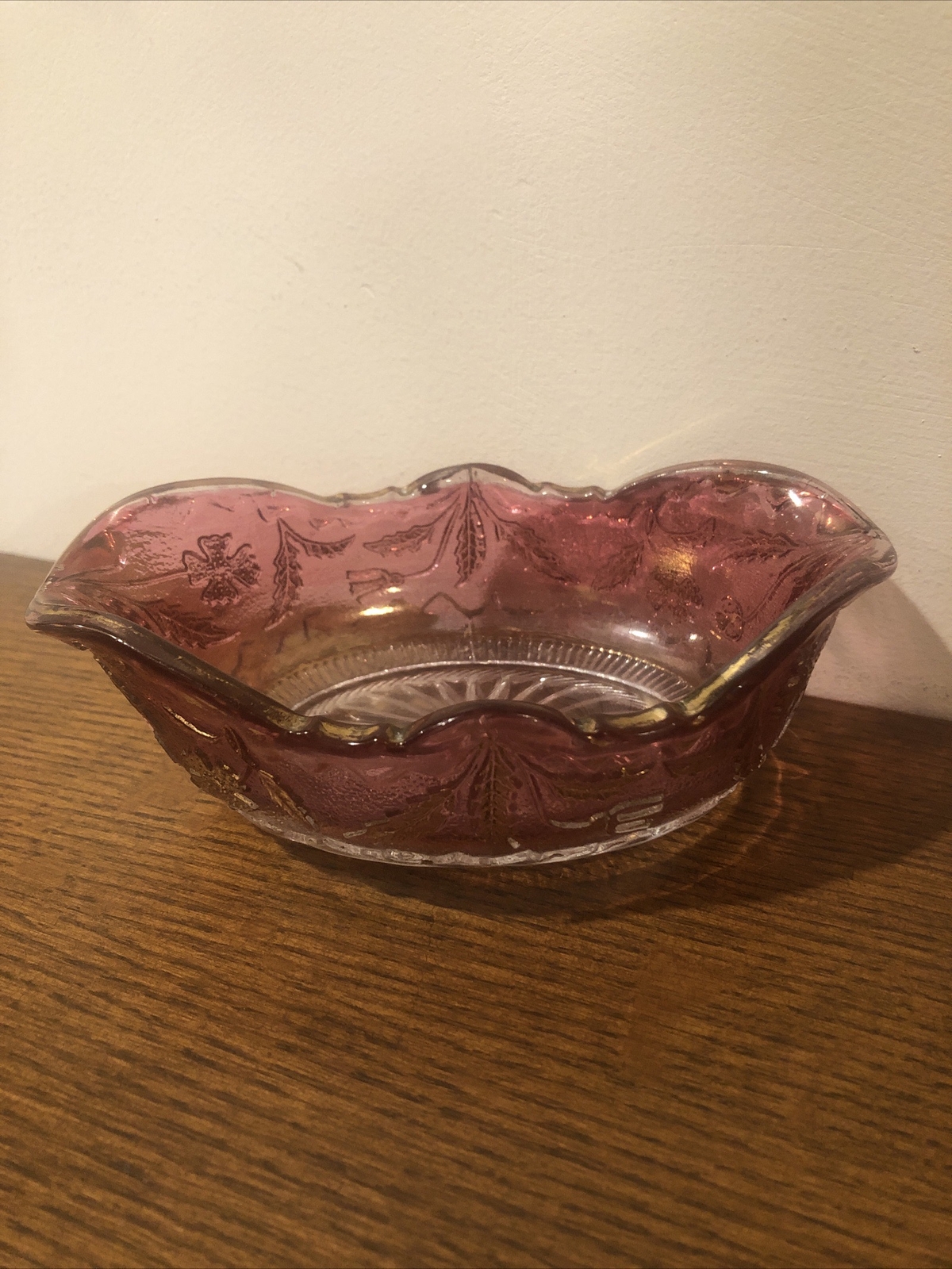 Vintage Purple Glass Bowl Floral Design with Gold Accents Oblong 5 1/2 Inches