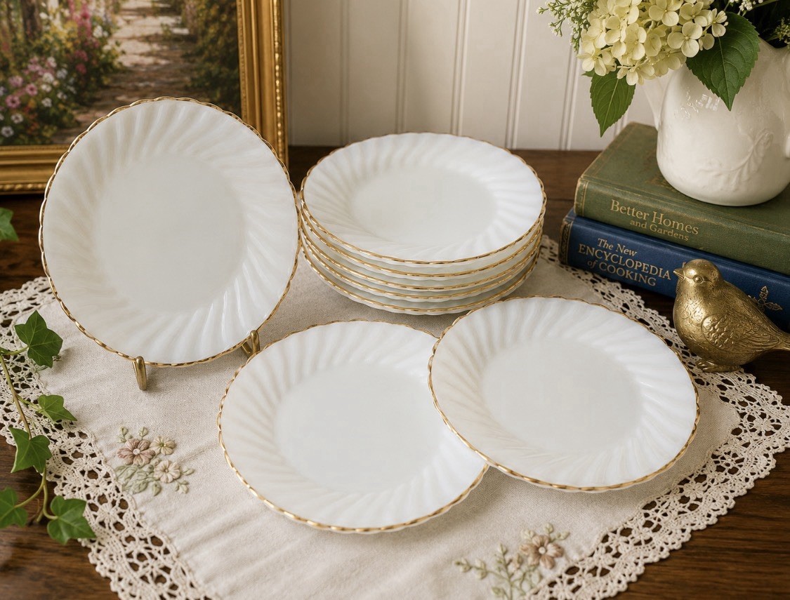 7 7.5 Inch White Fire King Plates With Gold Trim