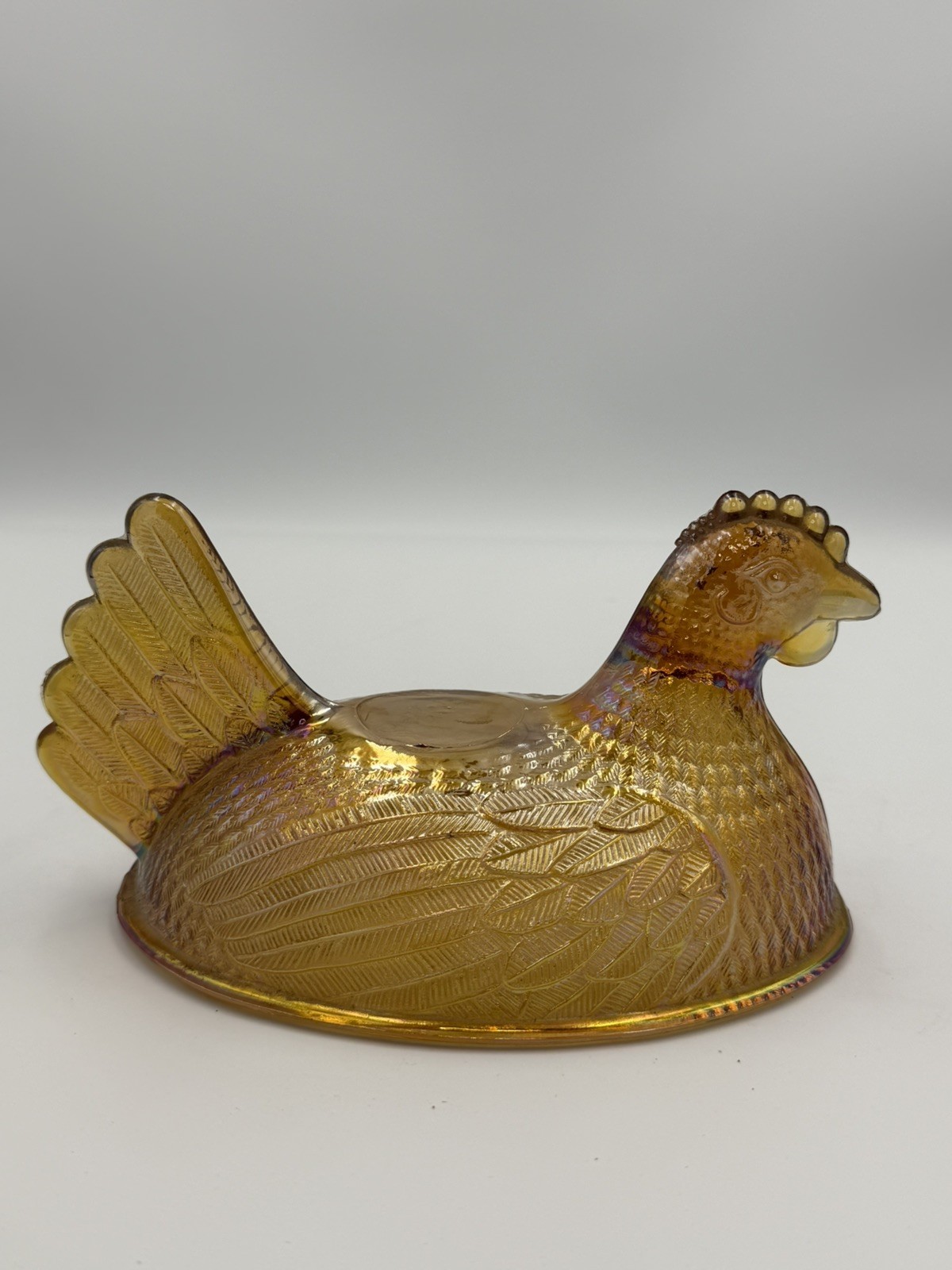 Vintage Indiana Hen On Nest Golden Amber Iridescent Carnival Glass *TOP ONLY*