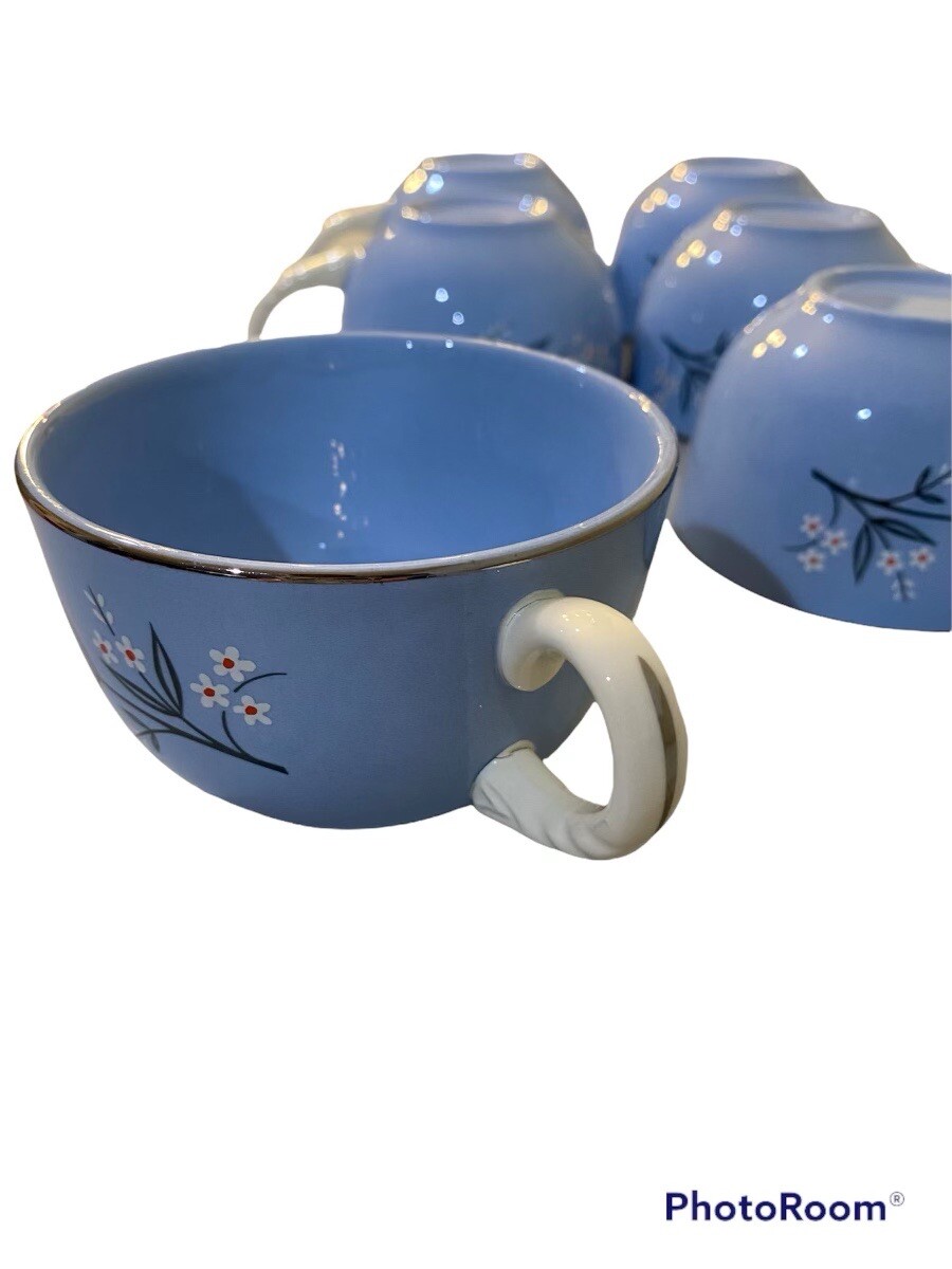 Homer Laughlin Kraft Blue Tea Cups 6 Vintage