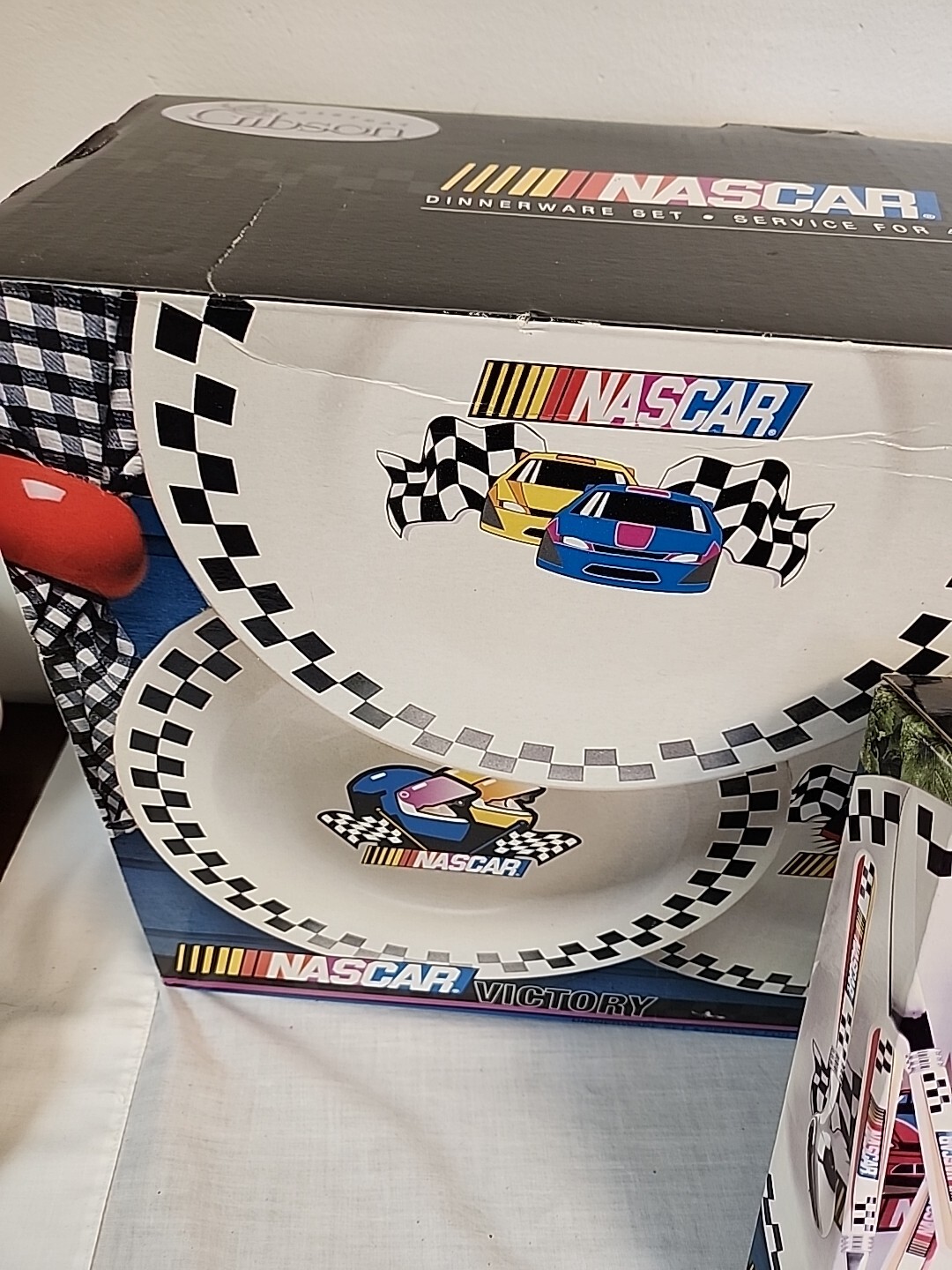 Rare Vintage Gibson Nascar Victory 16 Piece Dinnerware Set For 4 New & FLATWARE