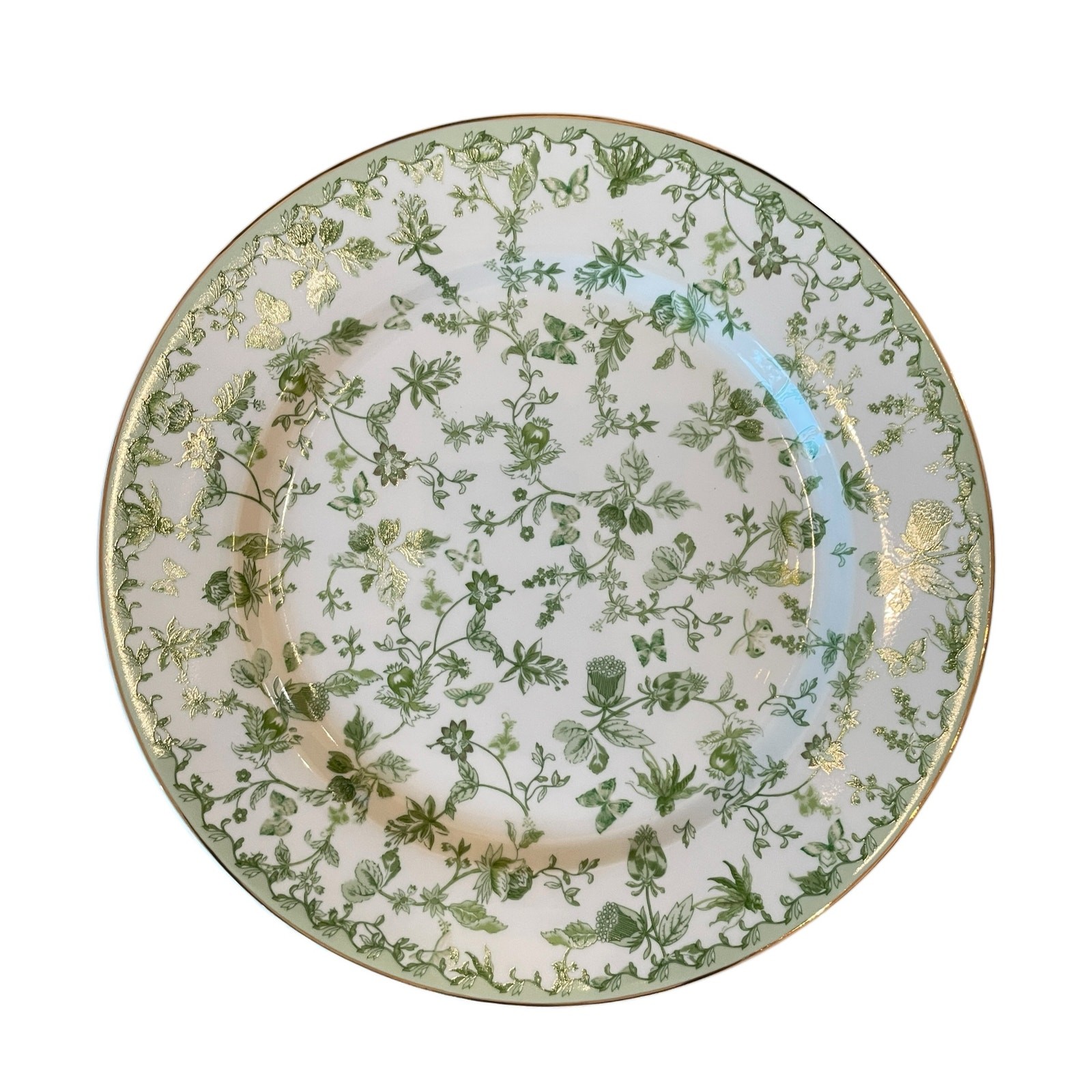 Grace Teaware Porcelain Dinner Plates 10.5″ Green & White Floral Set of 4 New