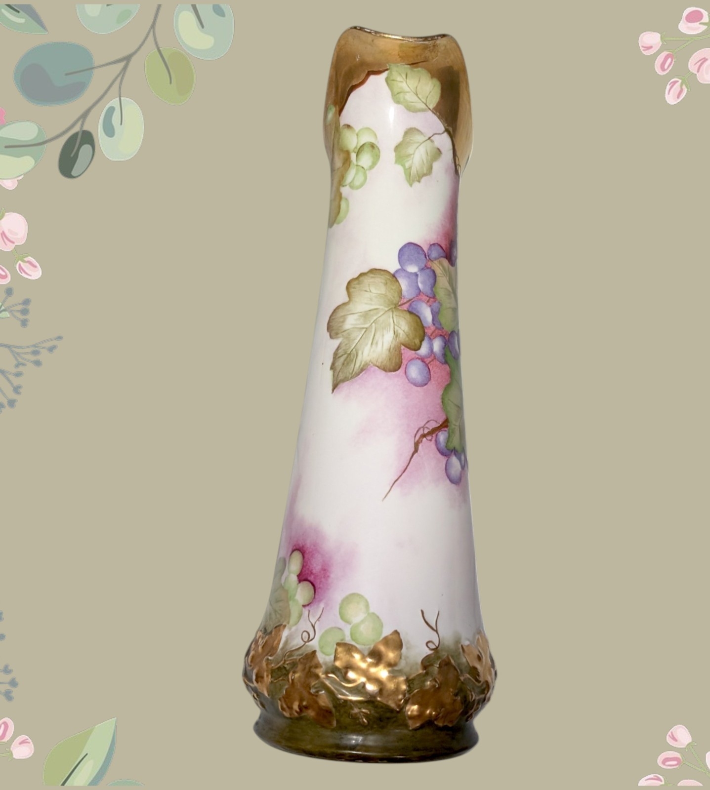 T&V LIMOGES Hand Painted Grapes & Gold Gilt Pitcher 15.5″ Tall Grape Vine Leaves