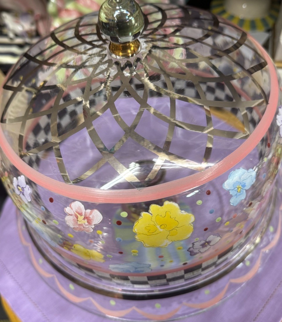 Mackenzie Childs Pansy Glass Pedestal Cake Stand and Dome HTF Excellent