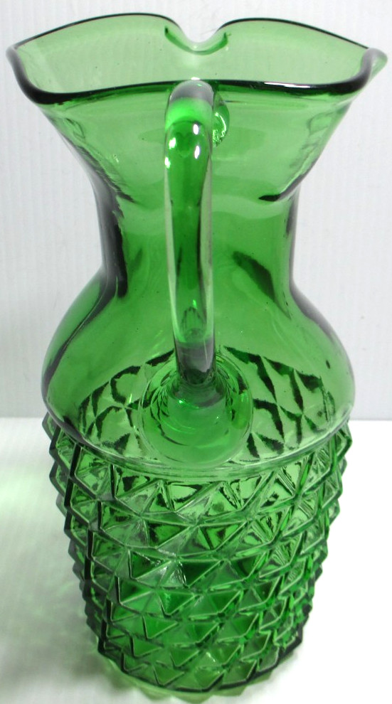Vintage Glass Pitcher Emerald Green Diamond Point Cocktail Barware 7 7/8″ Tall