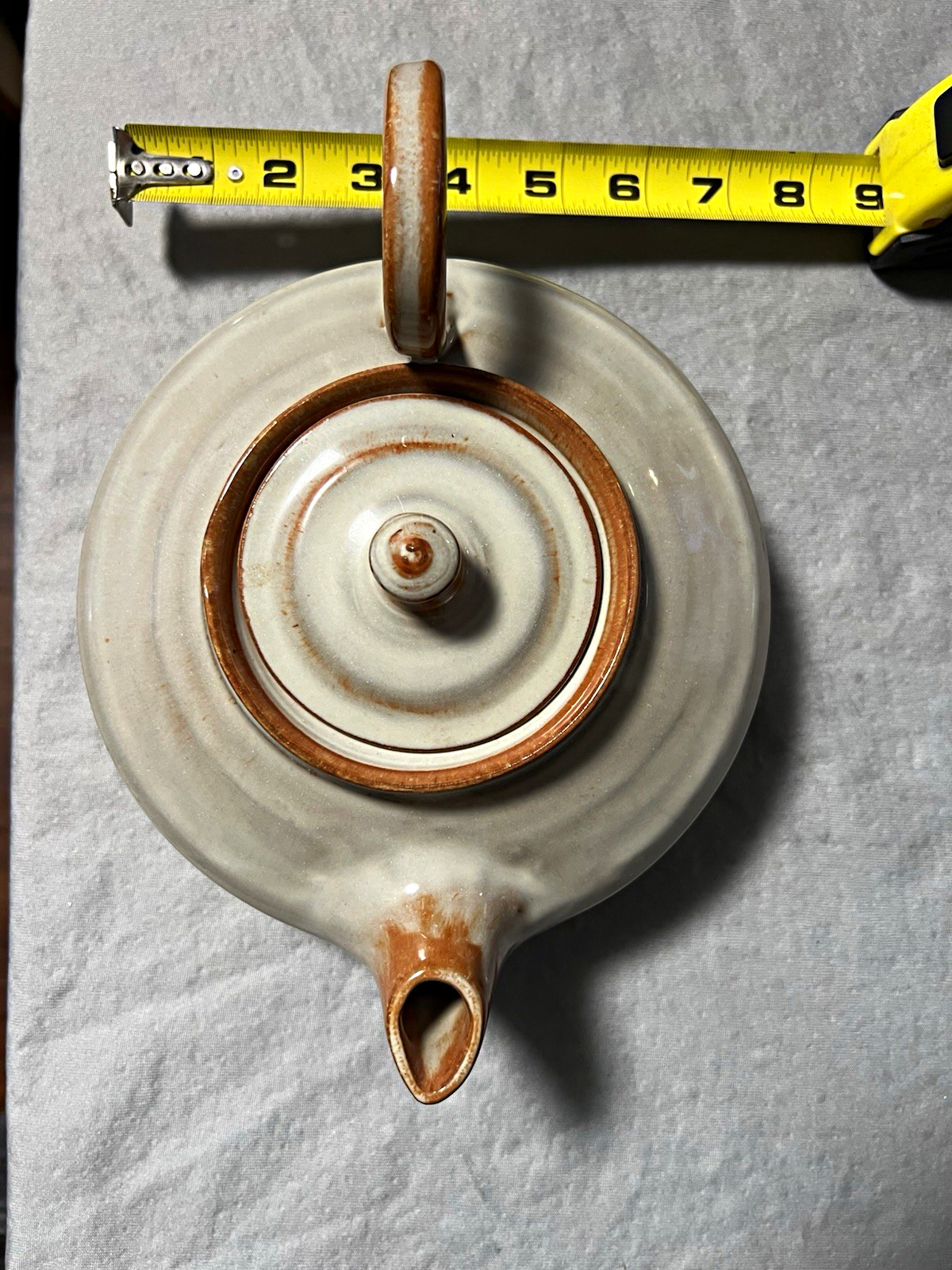 Beige & Brown Art Pottery Round Teapot w/ Lid, 1 Pint, 9in, NC Pottery
