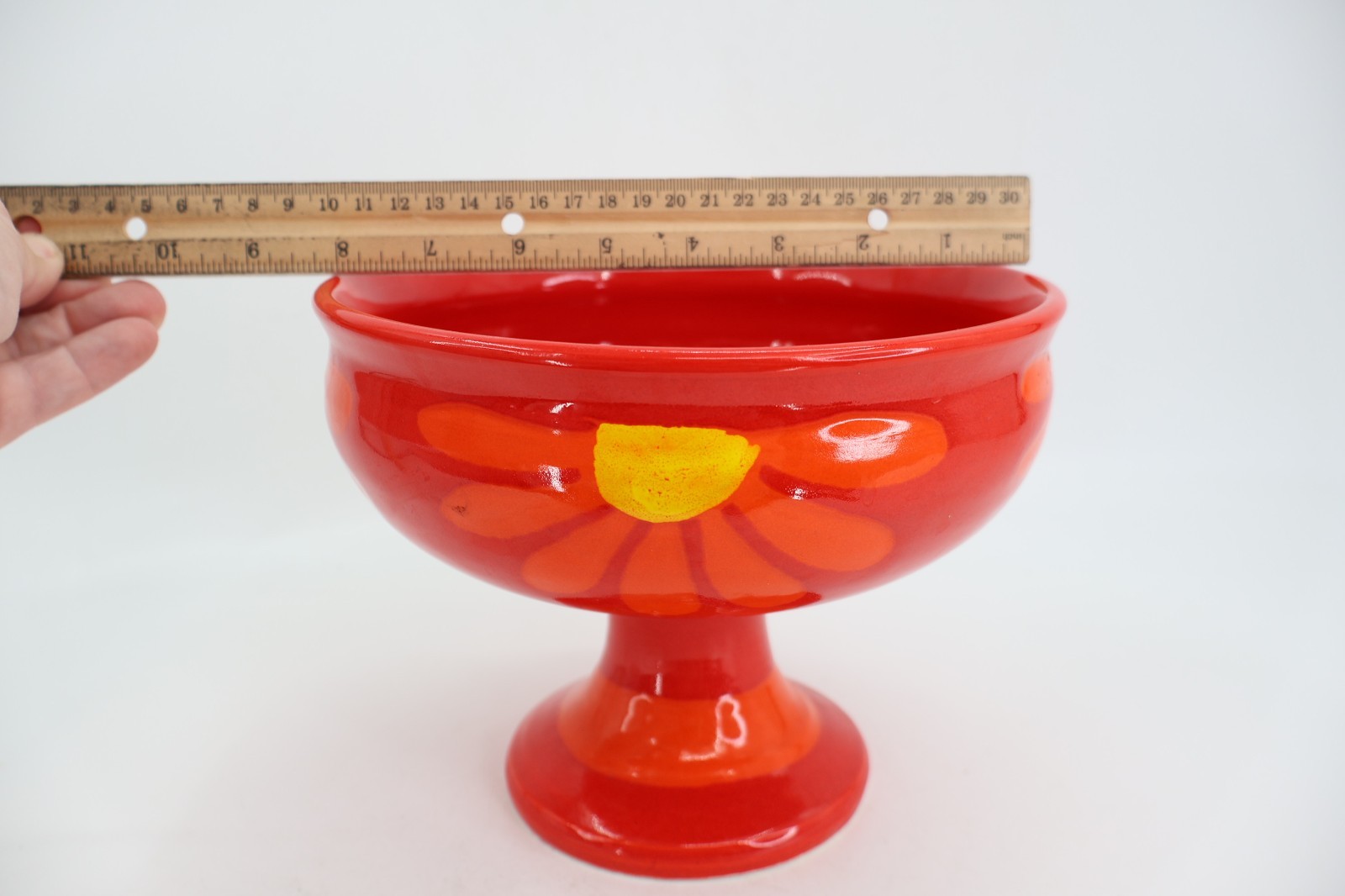 Berkeley House Pottery Pedestal Red Flower Ceramic Bowl Fruit Candy Italy Mod