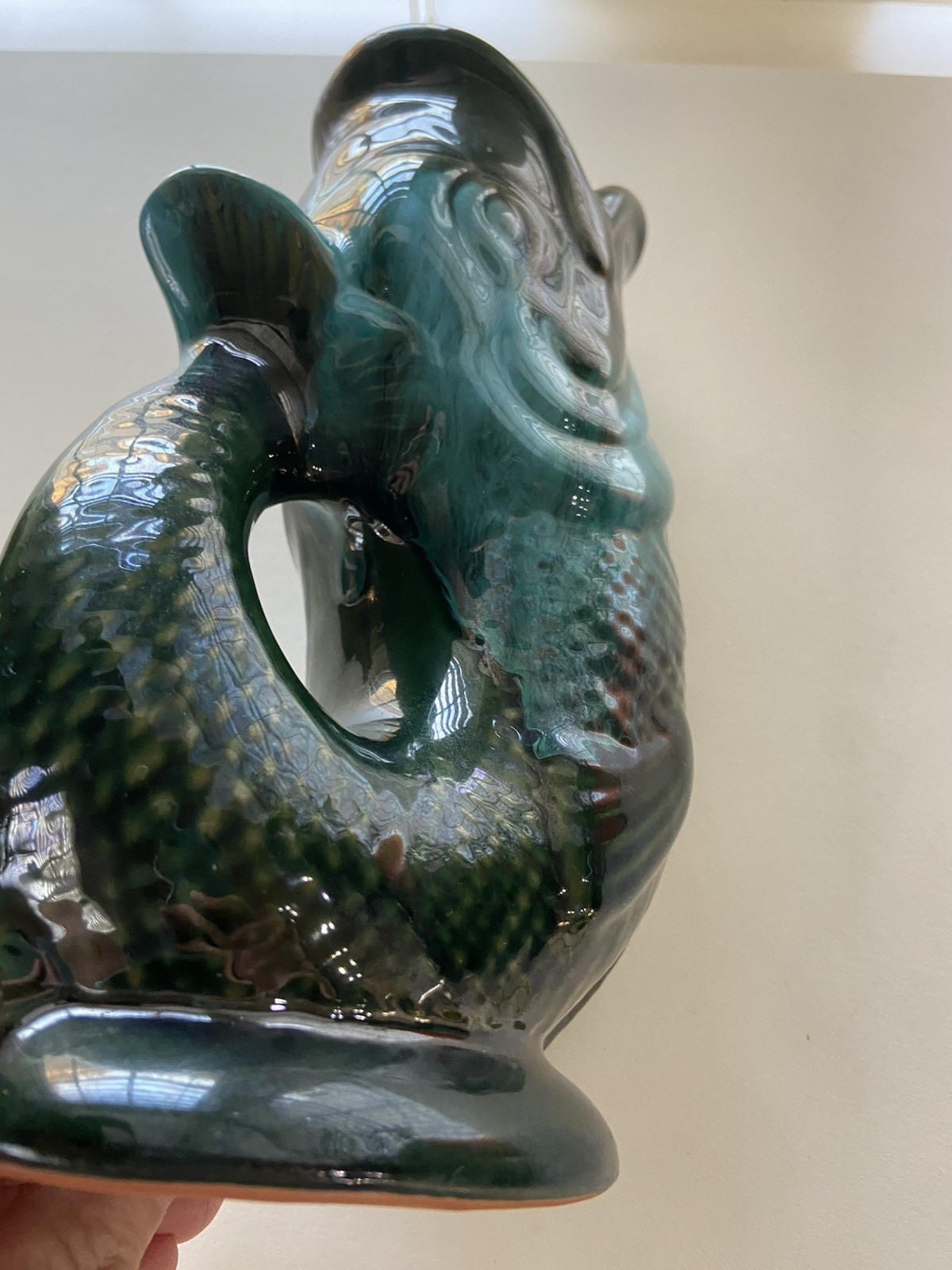 Teal Green Blue Fish Pot Pitcher Gurgle 8in Pottery by Rainbow Ceramics Canada