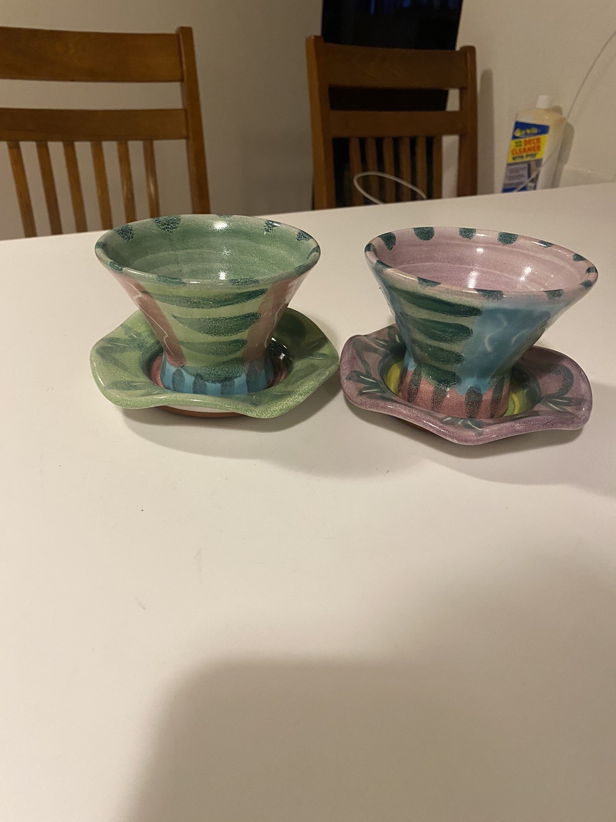 McKenzie Child Inspired Studio Pottery Cups & Saucers Handmade Signed Set Of 2
