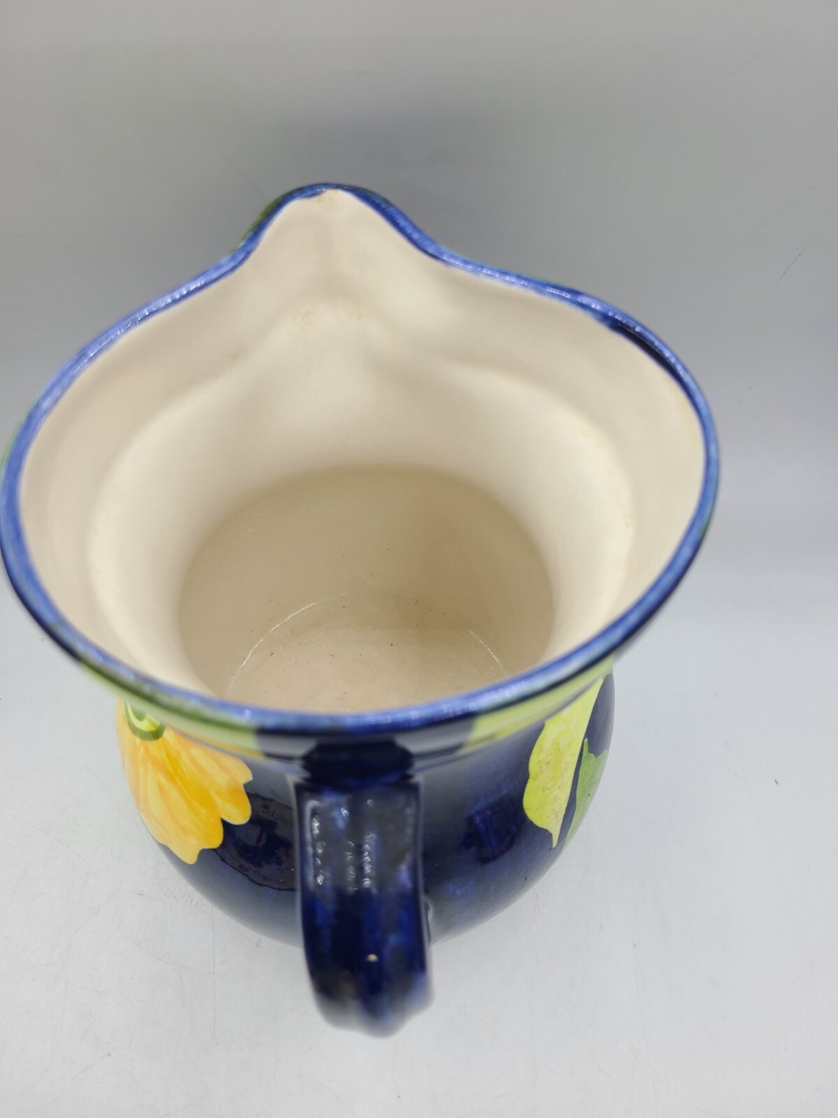 Cobalt Blue Yellow Floral Pitcher Hand Painted Laurie Gates Vintage