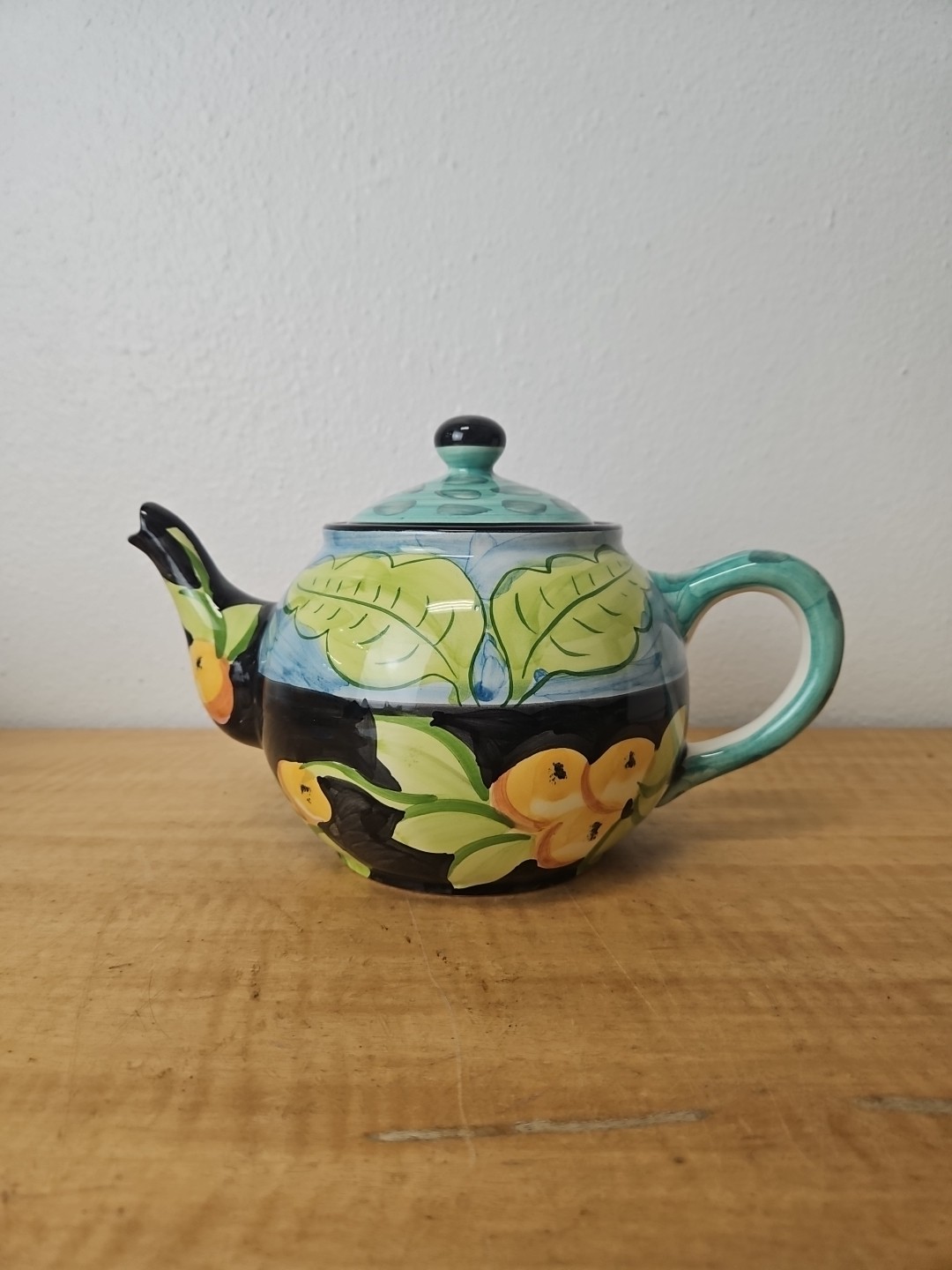 Favanol Teapot Fruit and Leaves Hand Painted Portugal blue, black, teal