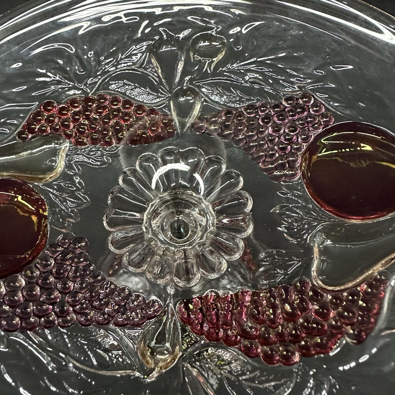 Westmoreland Della Robbia 6″ Ruby Flashed Glass Compote w/Embossed Fruit Vintage