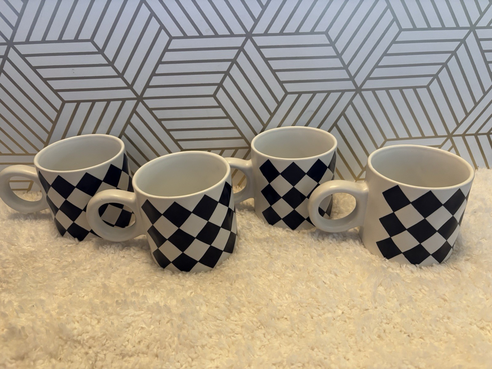 Checkered Board Pattern Coffee Mugs Set Of 4 (Has A McKenzie Childs Look)
