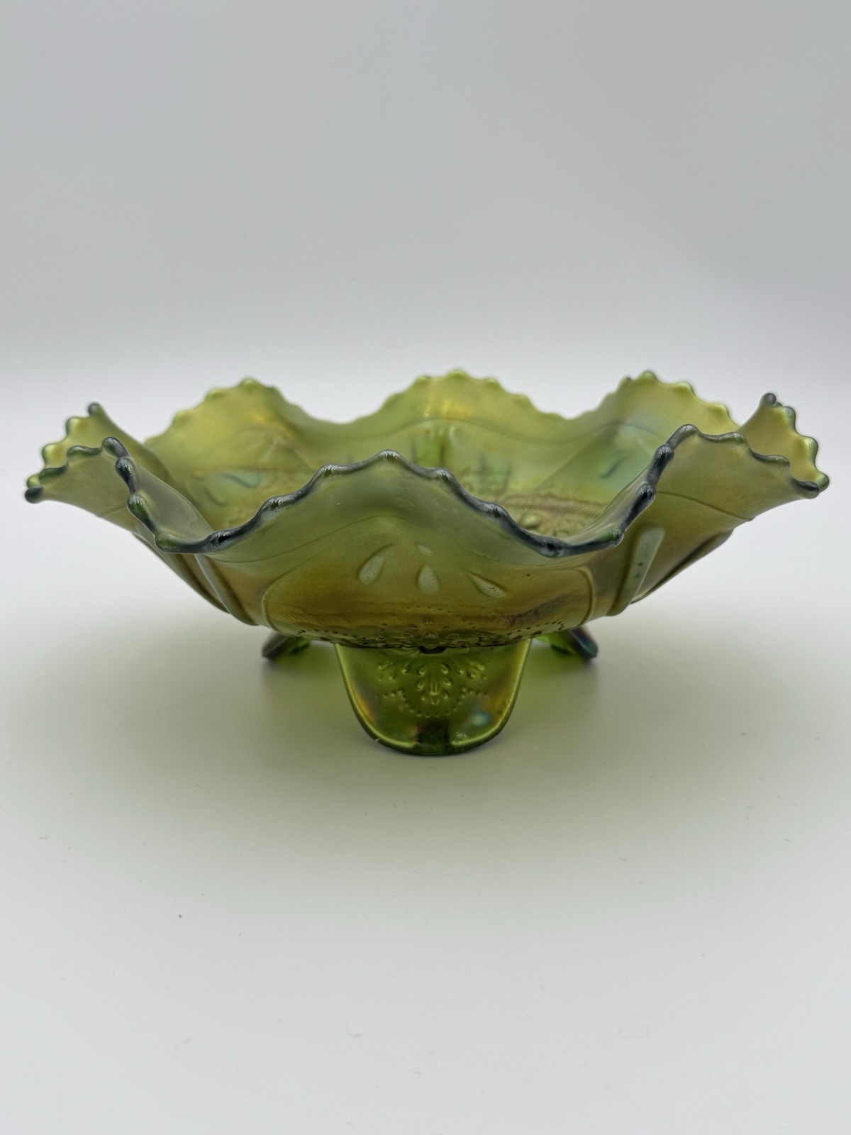 Northwood Green Grape And Cable Spt. Ftd. Carnival Glass Bowl