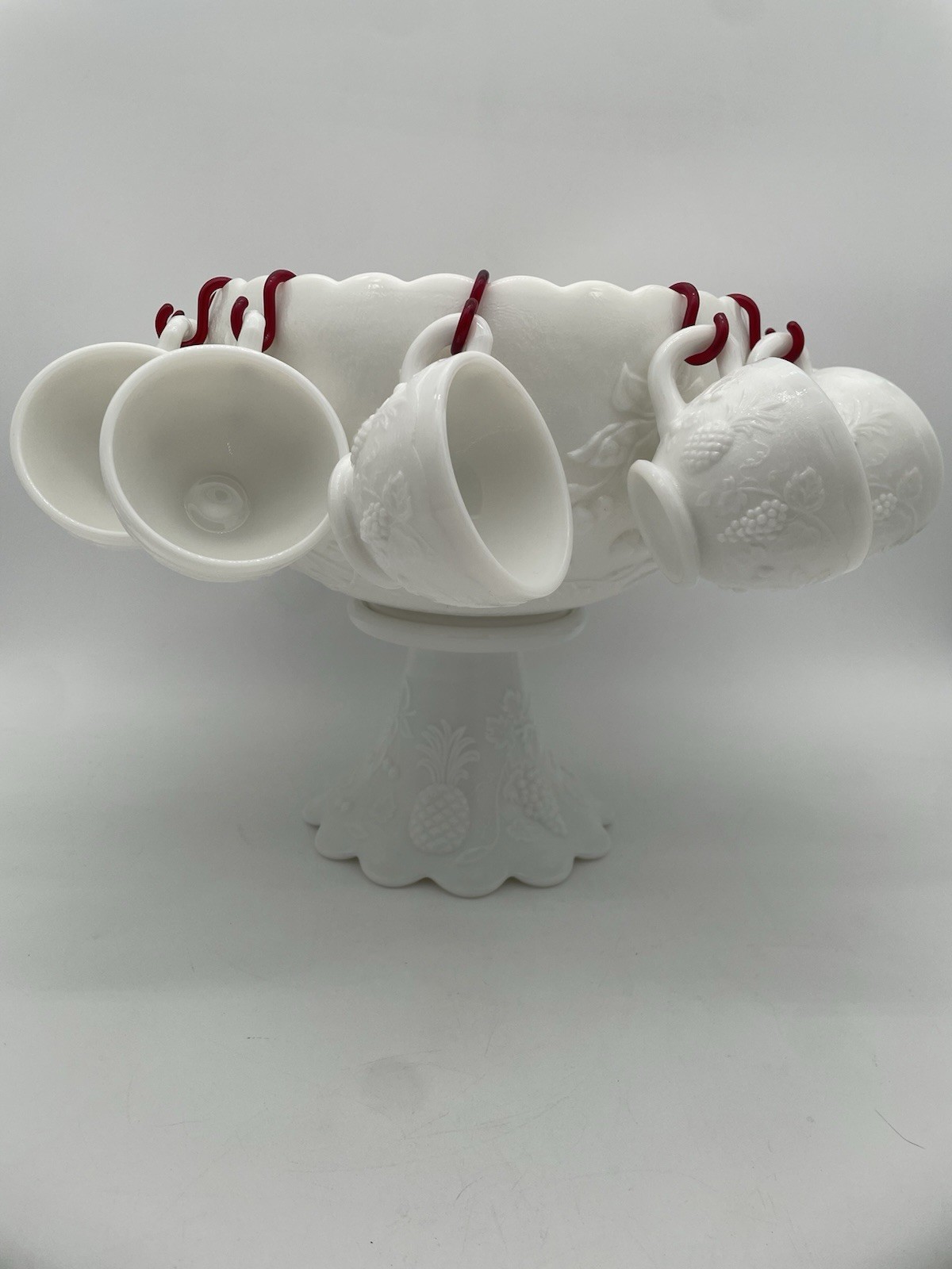 Westmoreland Milk Glass Grape Paneled Punch Bowl Set 12 Cups Hooks Pedestal