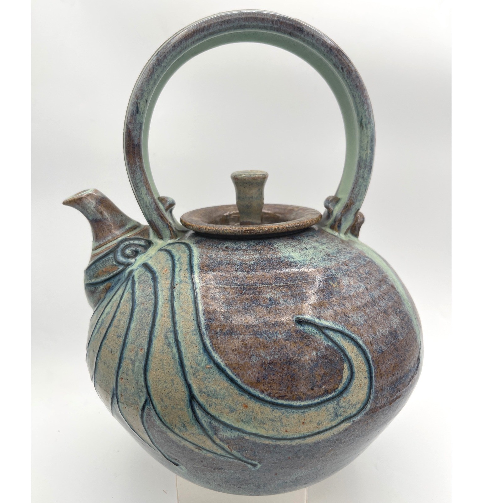 Artisan studio Pottery Teapot Signed large Glazed Stoneware Blue Green vtg