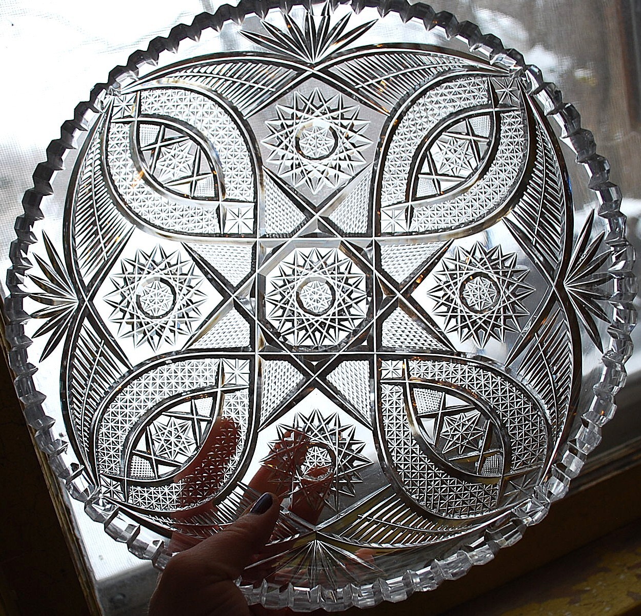 Antique ABP American Brilliant Period HOBSTAR CANE Hand Cut CRYSTAL BOWL 11.75″