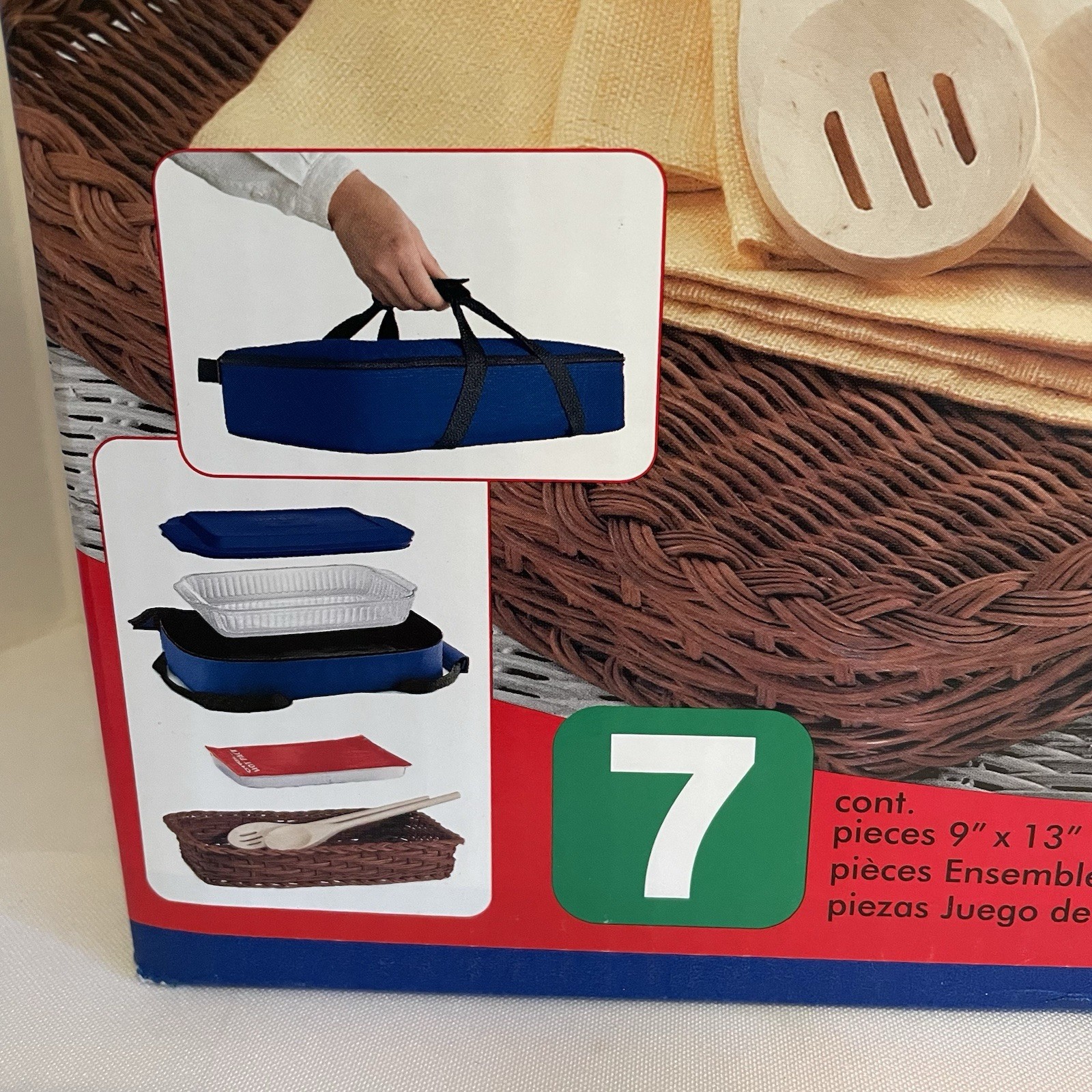 Vintage Pyrex Portables 7 Piece 9in x 13 Blue w Hot Pack Basket Utensils Lid Bag
