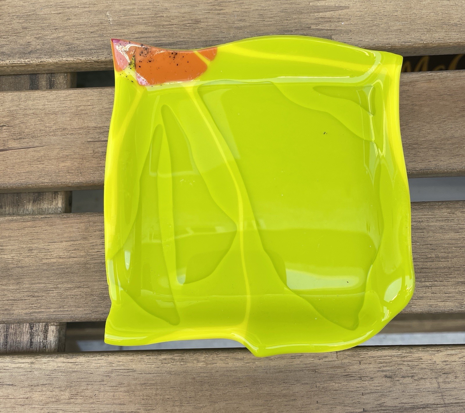 Fused Glass Platter Set – Chartreuse Orange and Red Accents – Signed by artist