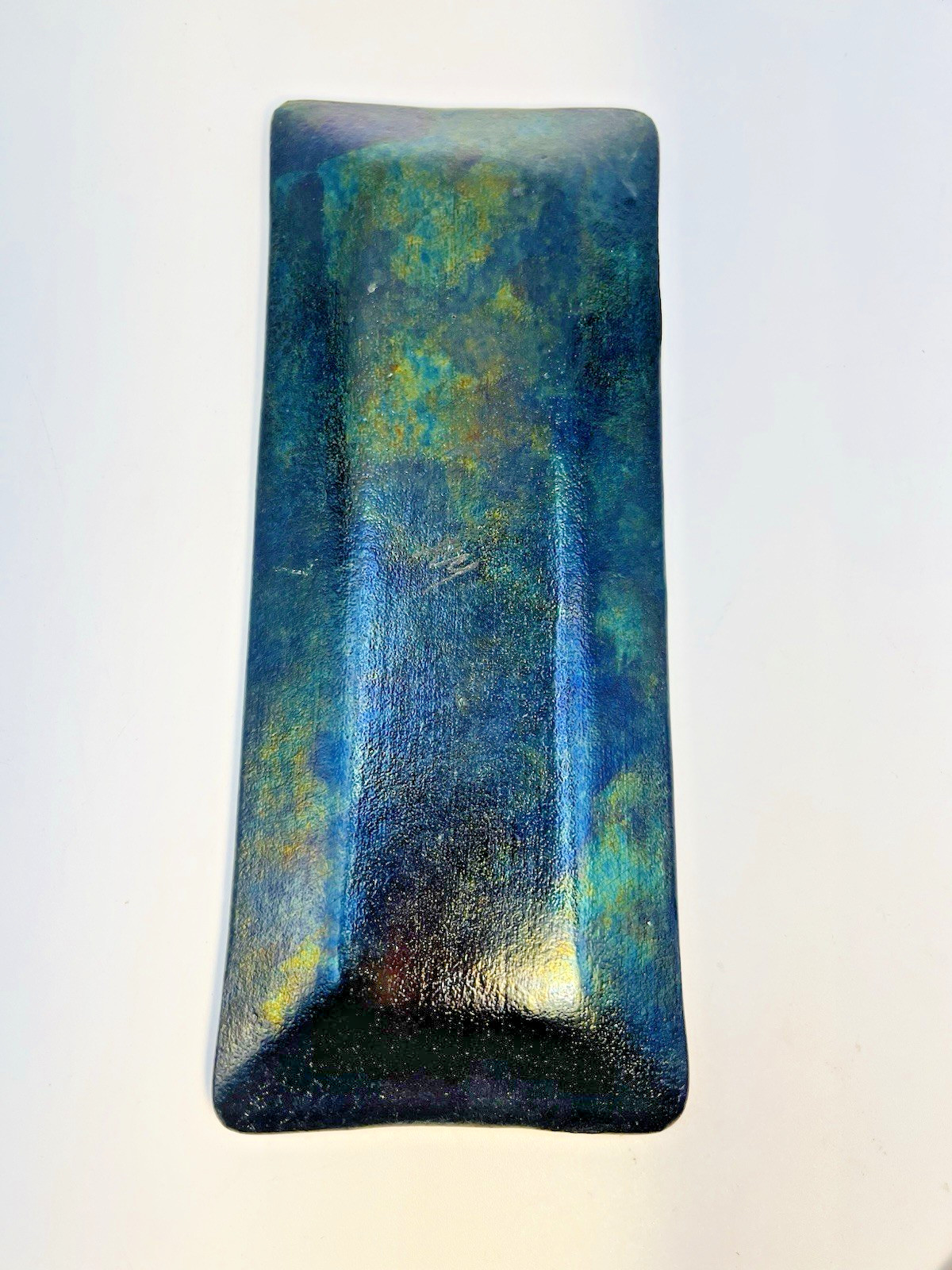 Kurt McVay Art Glass Fused Iridescent Tray / Trinket Dish Signed KM 7.9” x 3.25″