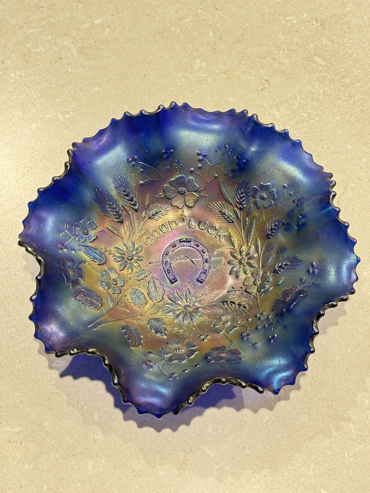 Northwood 9″ Good Luck Bowl With PCE BLUE—BEAUTIFUL BOWL