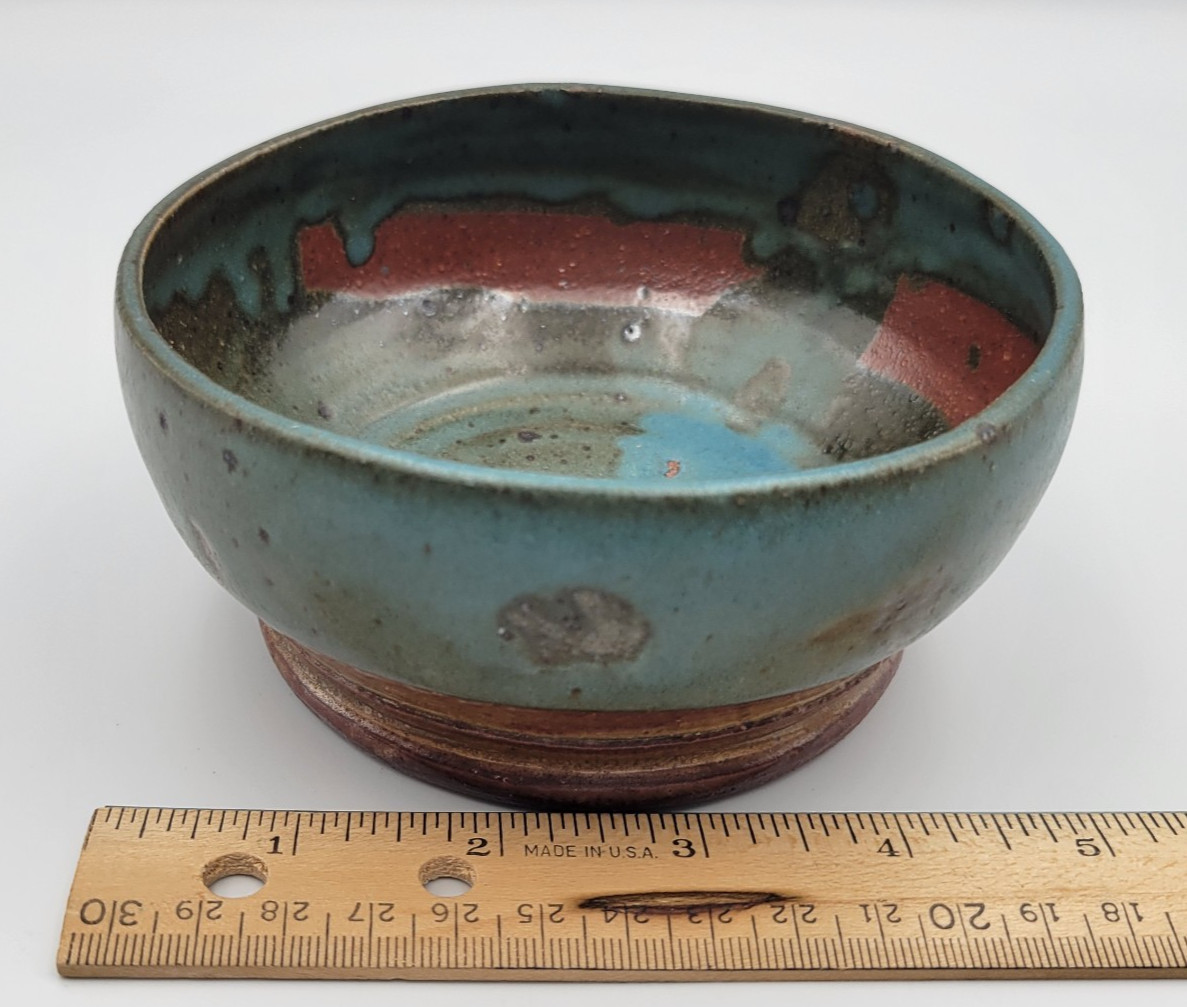Hand Thrown Art Pottery Bowl Multi Layer Glaze Green Blue Red NM Artist Signed