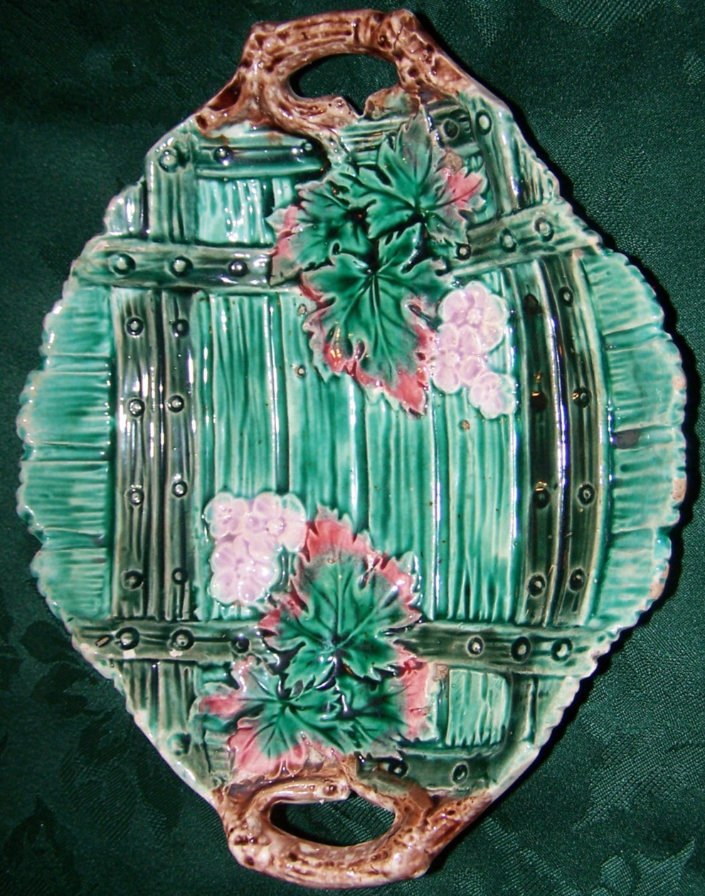 Gorgeous 1894 Nearly 11″ Wide Fences & Leaves Colorful Majolica Handled Tray